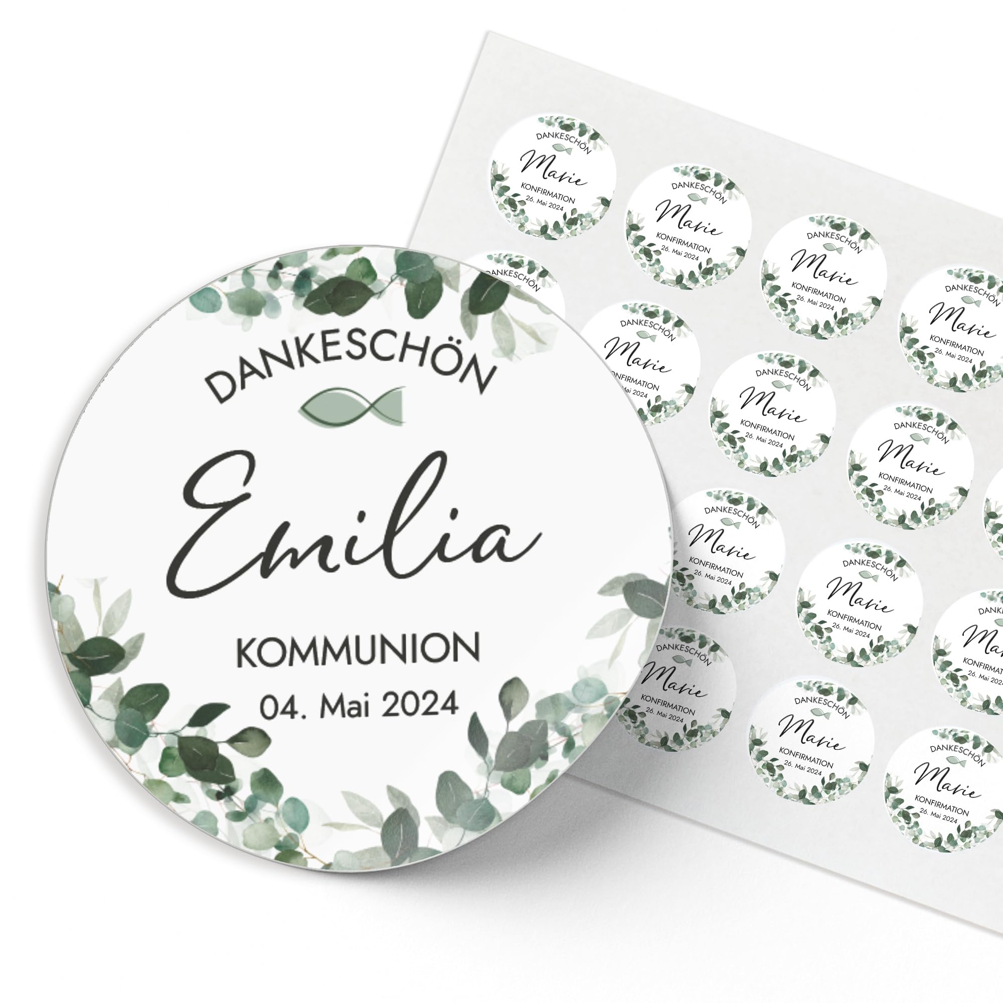 Mimi und Anton KOMMUNION 24x Aufkleber personalisiert mit deinem Wunschnamen | 24x Sticker rund 4 cm | Kommunion Deko Sticker | Eukalyptus Greenery