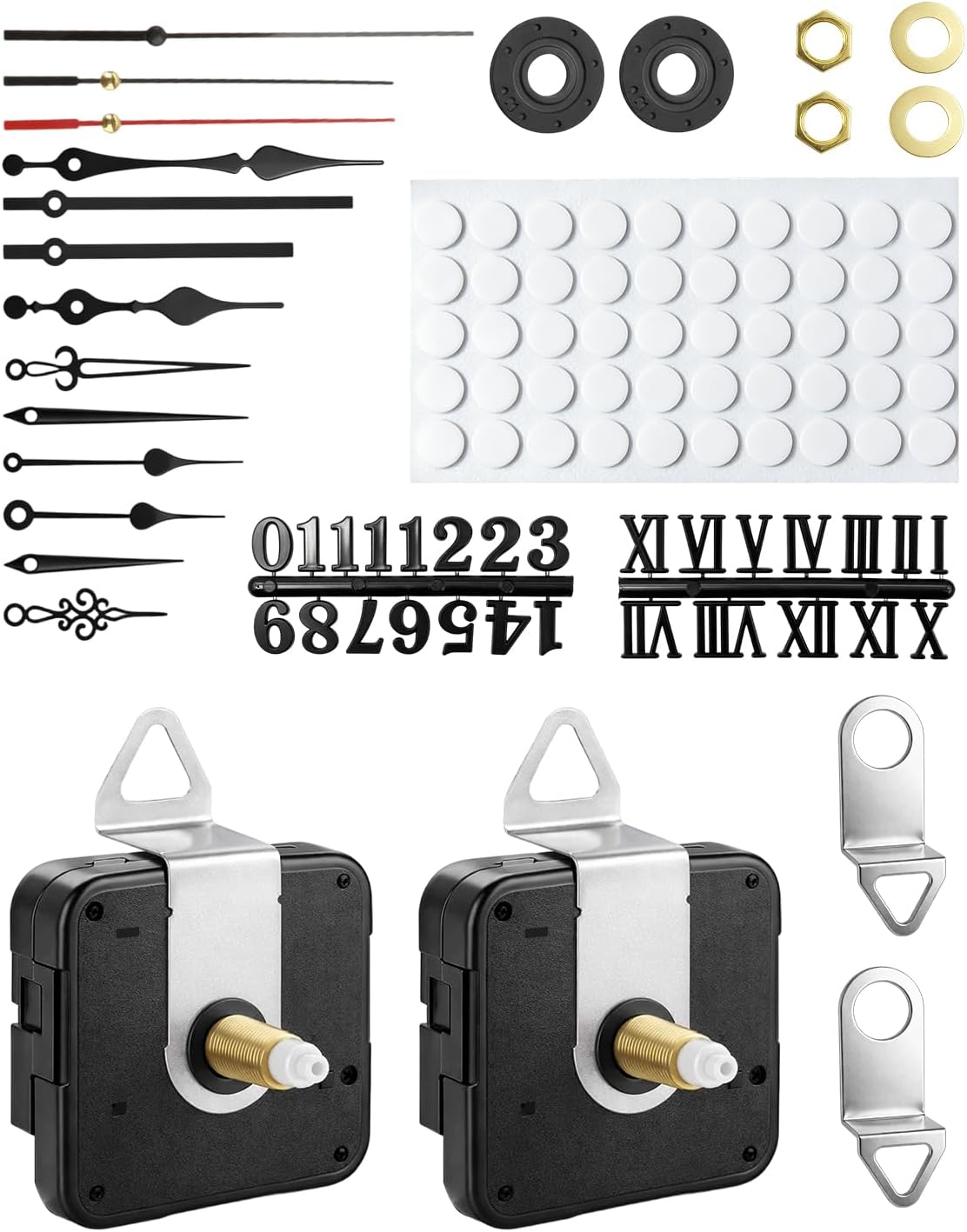 2 Sets High Torque Quartz Clock Movement Replacement Kit, Sweep 2 Motor Mechanism Kit with 5 Pairs Clock Hands and 2 Sets Acrylic Numbers for DIY Wall Clock Repair Craft Projects