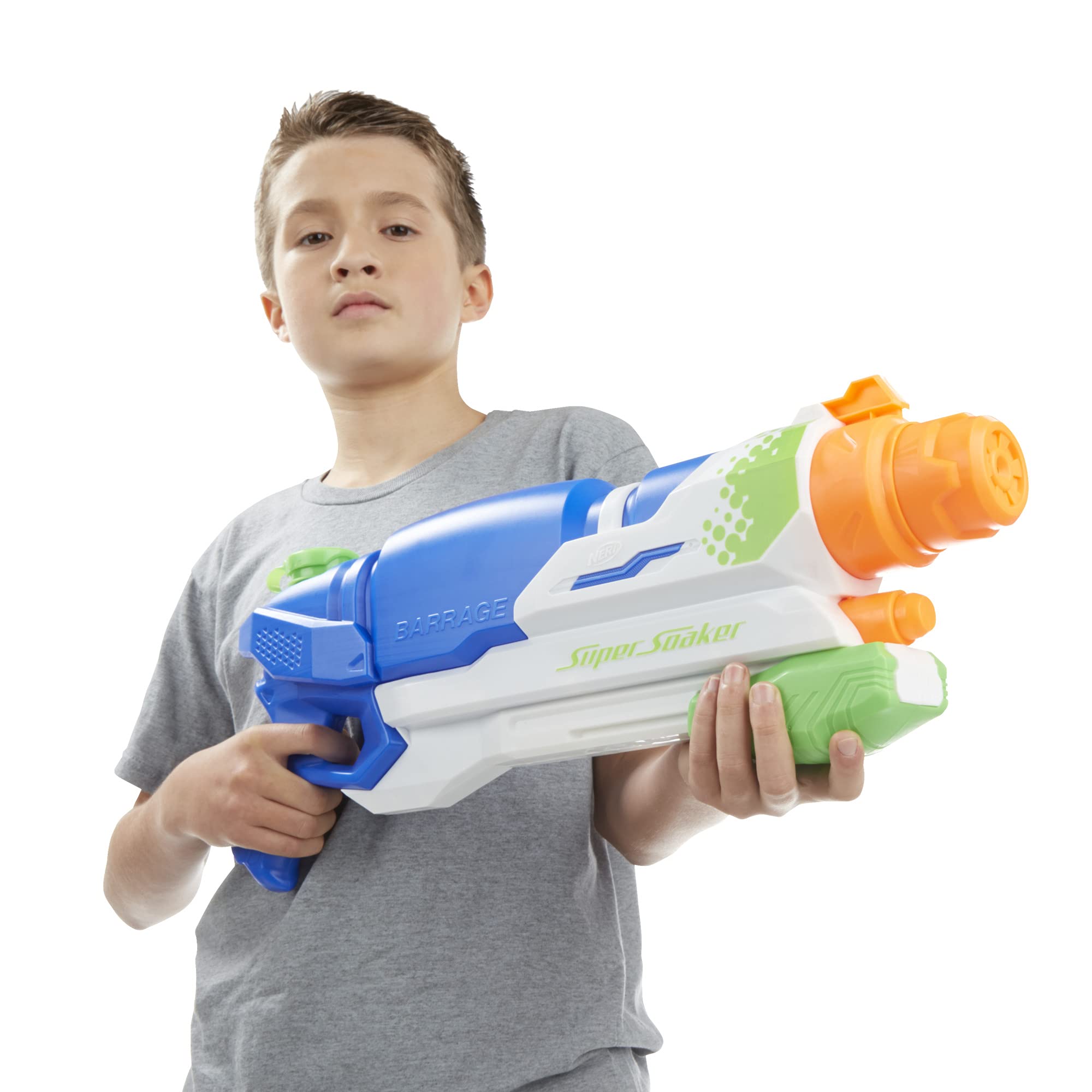 Super Soaker Barrage pistolet na wodę, trzy tryby natryskiwania, zasięg do 11,5 m, ogromny zbiornik na wodę 2,4 l, łatwe napełnianie
