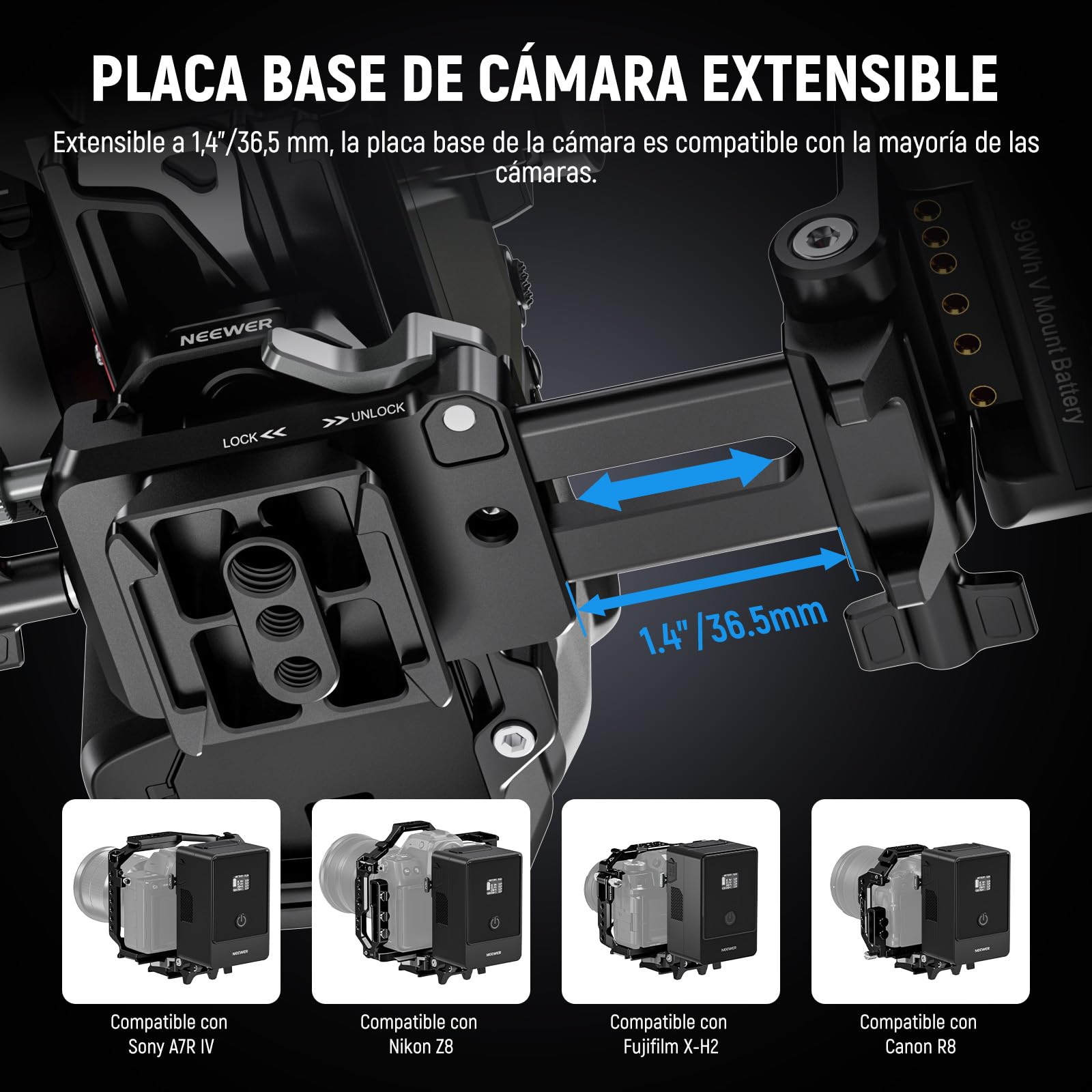 NEEWER PS015 Pro V Mount Battery Plate mit Arca Typ Schnellwechselplatte & Reinigungsuch, Faltbarer V Lock Mounting Adapter PS099E Kompatibel mit dji RS4 RS3 Gimbal Camera Cage Video Rig