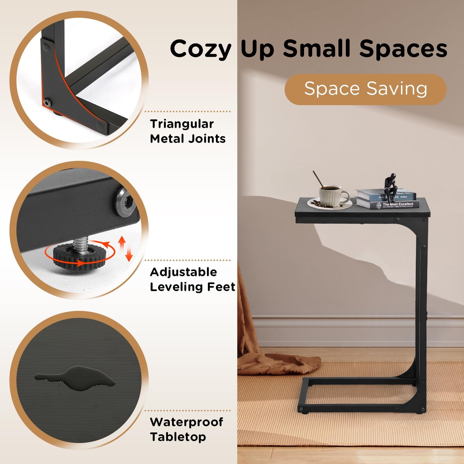PayLessHere C Shaped End Table with Adjustable Feet,Small Side Table for Couch,Sofa Table with Metal Frame for Living Room,Bedroom,Bedside,Black