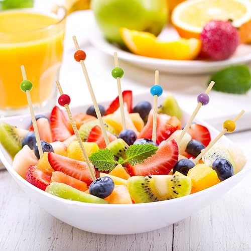 Miniatura 7 de 200 palillos de dientes elegantes para aperitivos hechos a mano, palillos de bambú de madera multicolor, pinchos decorativos largos de 5.5 pulgadas