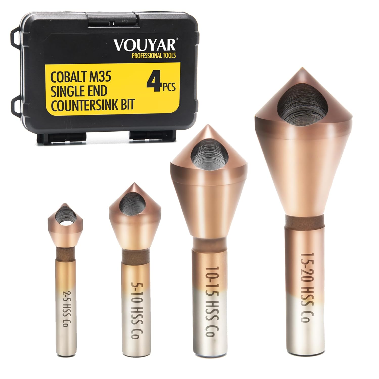 4Pcs Cobalt Steel Single End Countersink Drill Bit with Cobalt Coating Finish for Hard Metal, Stainless Steel, Wood, 90 Degree M35 HSS, 2-5, 5-10, 10-15, 15-20MM