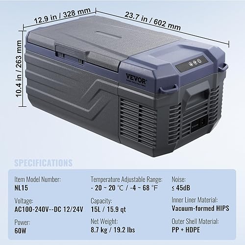 Miniatura 7 de VEVOR Refrigerador de coche de 12 voltios, congelador portátil de zona única de 15 L, rango ajustable de -4-68, 1224V DC y 100-240V AC para