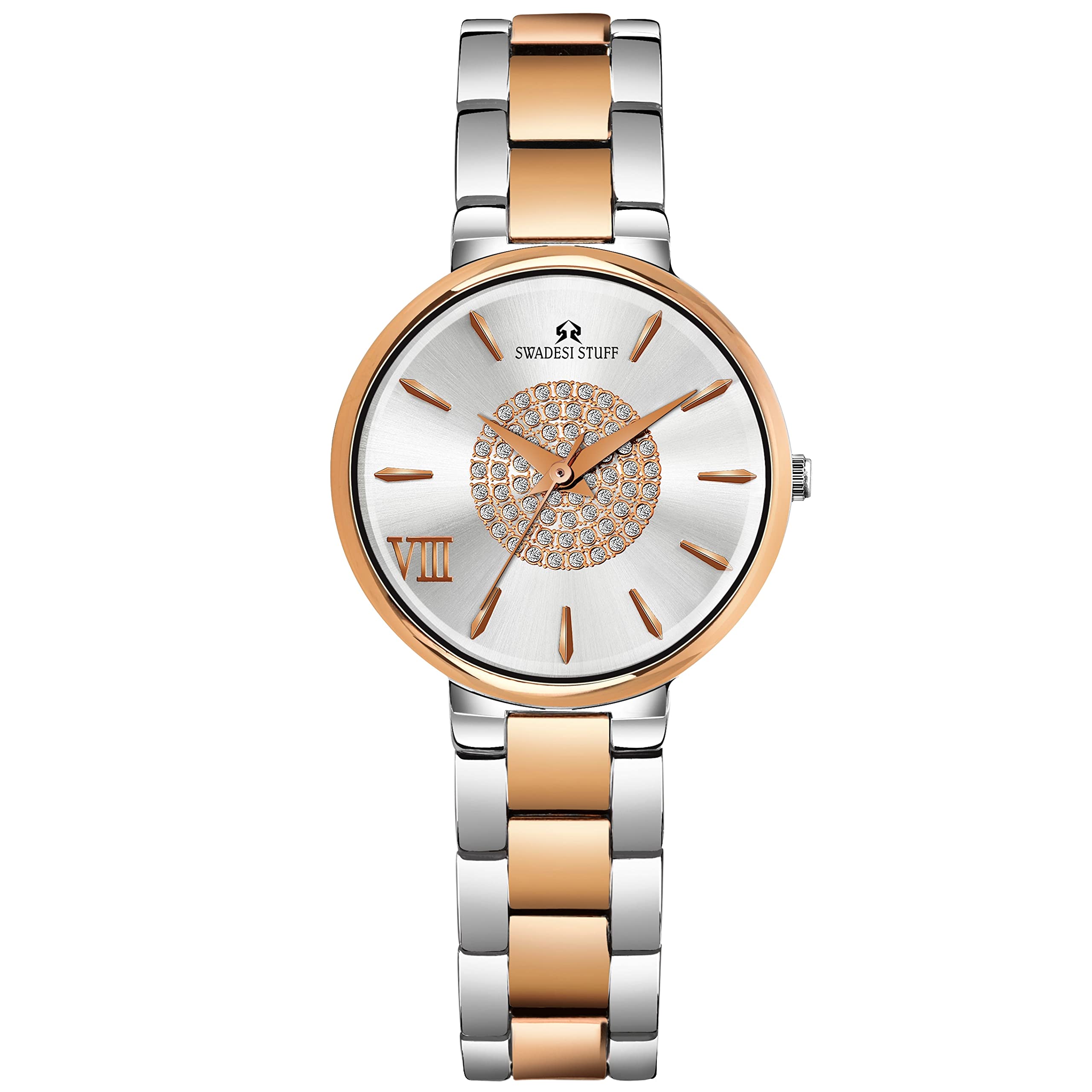 SWADESI STUFF Classique Crystalline 2Tone Daimond Studded Dial Premium & Luxurious Stainless Steel Analog Watch For Women, Silver Band (B0BX9RTLVT) Amazon Price History, Amazon Price Tracker