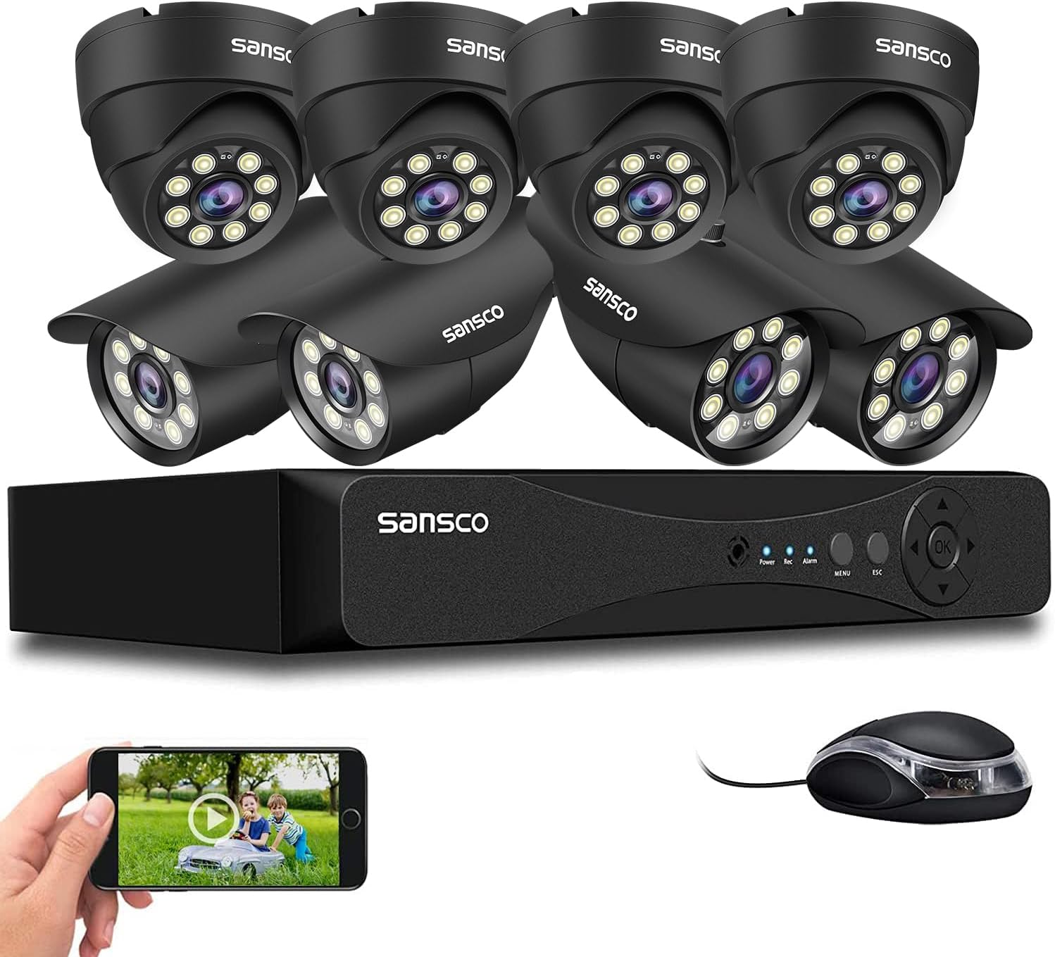 SANSCO 3K 8CH CCTV Security Camera System, 8 Channel DVR 24/7 Recording, 8 x 5MP Bullet Dome Camera Outdoor, Color Night Vision, Human Face Vehicle Detection, APP/Email Alert, P2P, No Hard Drive