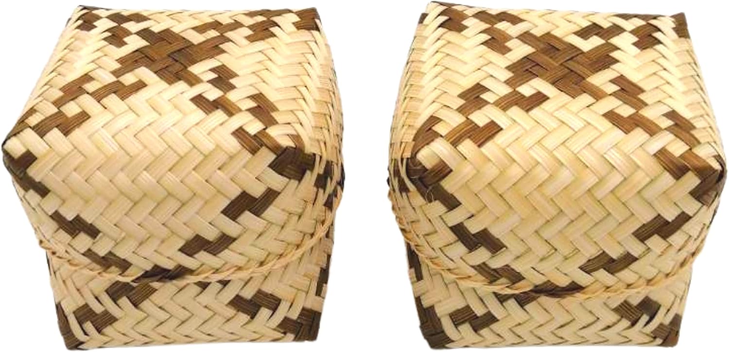 Sticky Rice Basket 3 x 3 Inches, Kratip Bamboo Steamed Sticky Rice Container, Thailand Handmade Serving Basket, Thai and Laos Kratib for Home Restaurant (3 inches (Cross) 2 baskets)