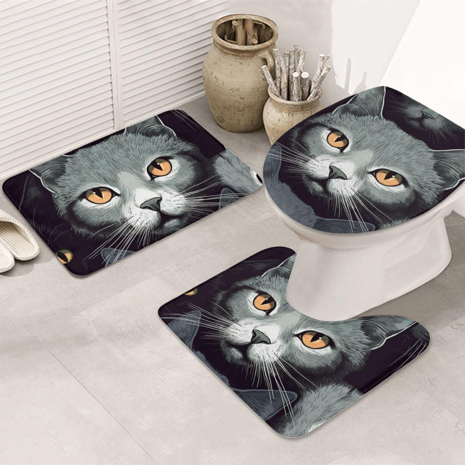 Dwrepo Cats Print Bathroom Rug Set 3 Piece with Non-Slip U-Shaped Contour Mat and Toilet Lid Cover for Bathroom Decoration