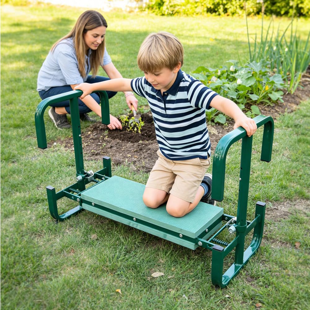 Tabouret de jardin pliable - Hauteur réglable - 60 x 52 x 27 cm - Repose-genoux avec aide au lever - Sac à outils - Tapis en mousse EVA - Pour jardinage, pêche, camping