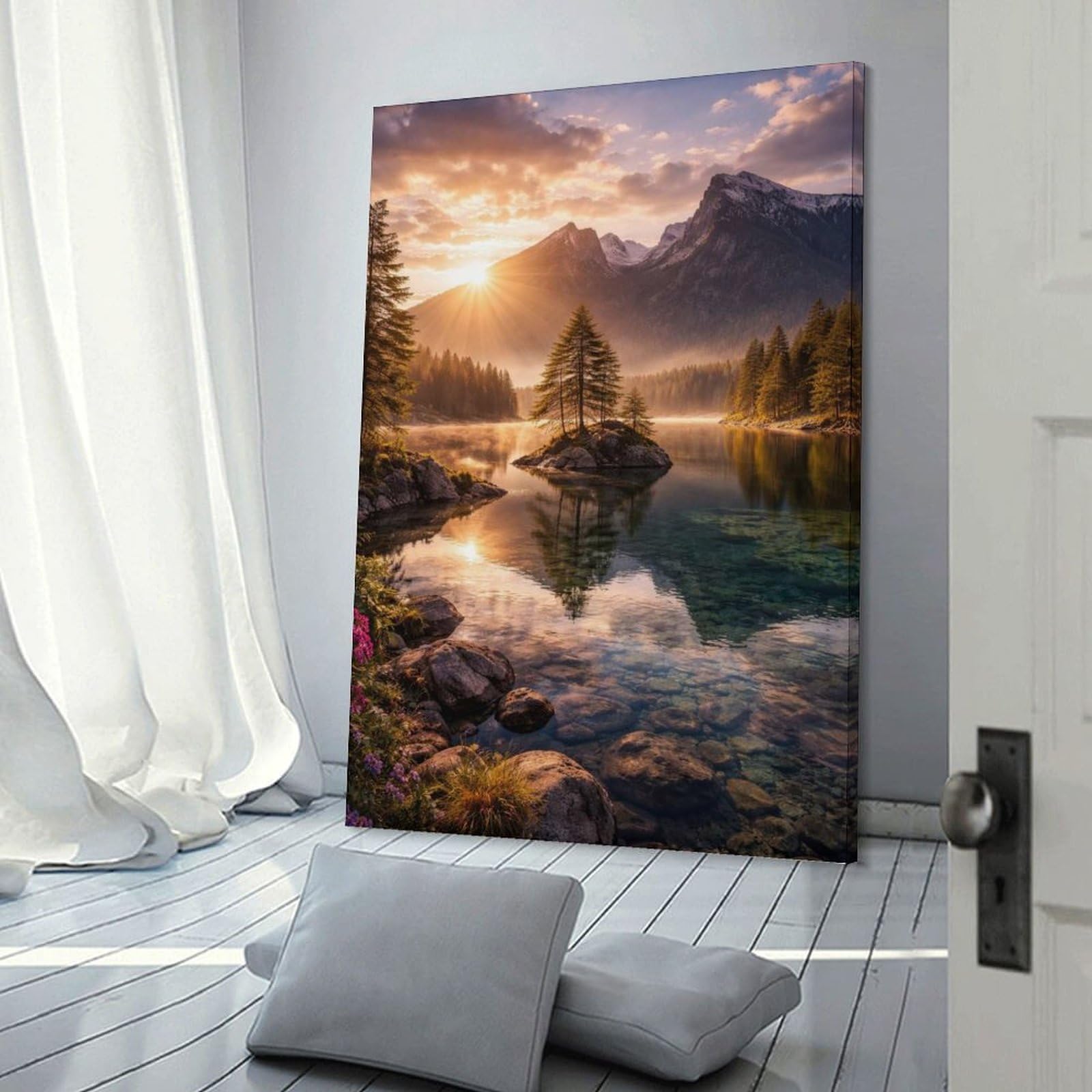 Junmoney Frame-Style-2 Wall Picture Print Serene Mountain Lake Sunrise, 12X18inch(30X45cm), For Entrance Walls, Hall Decor Or Foyers, Home Artwork For First Impressions