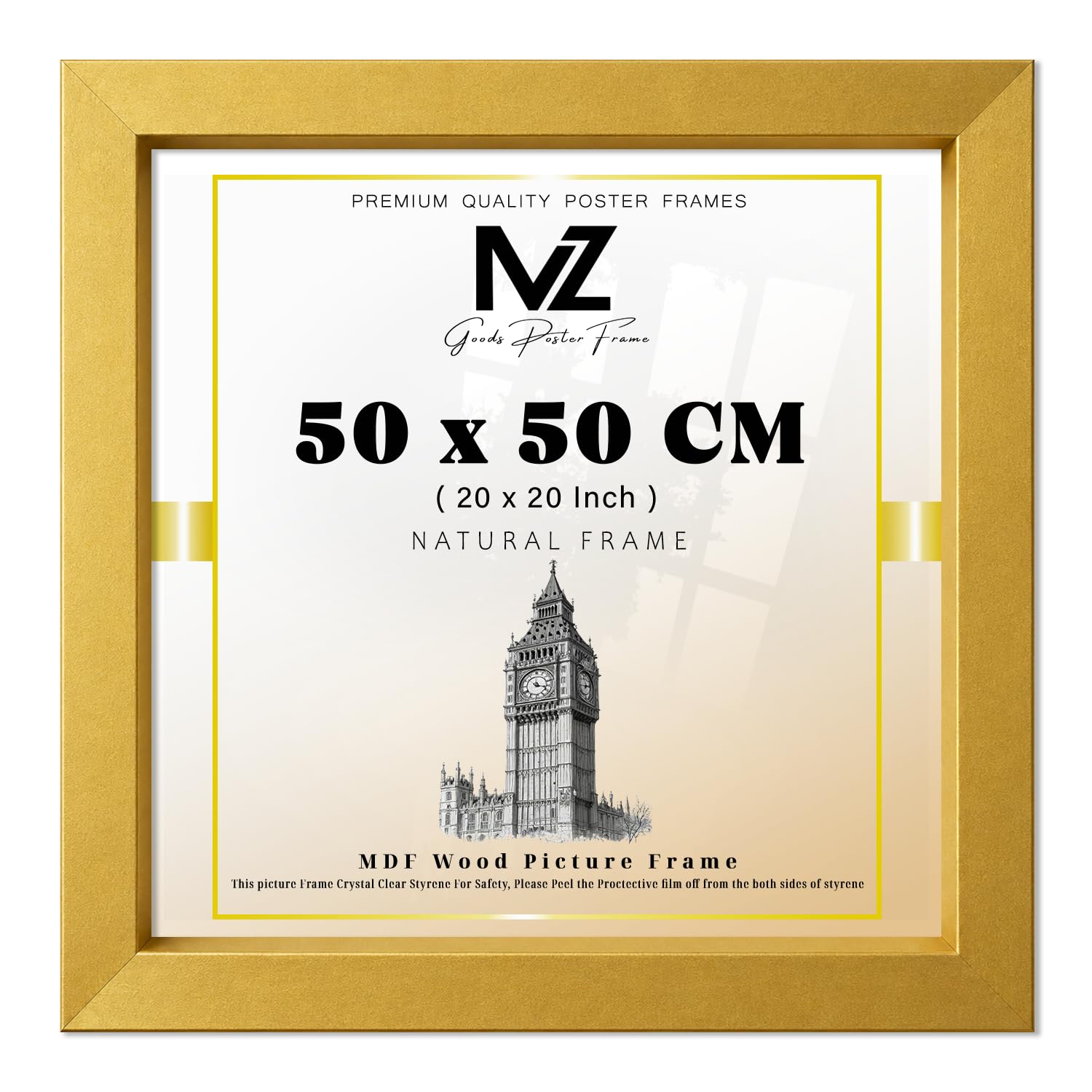 MZ GOODS | Gold 500 x 500 mm Engineered Wood Poster Frame 20 x 20 Art Prints, Photos Holiday Gifts& Home Décor 50 x50 cm [ Gold ]