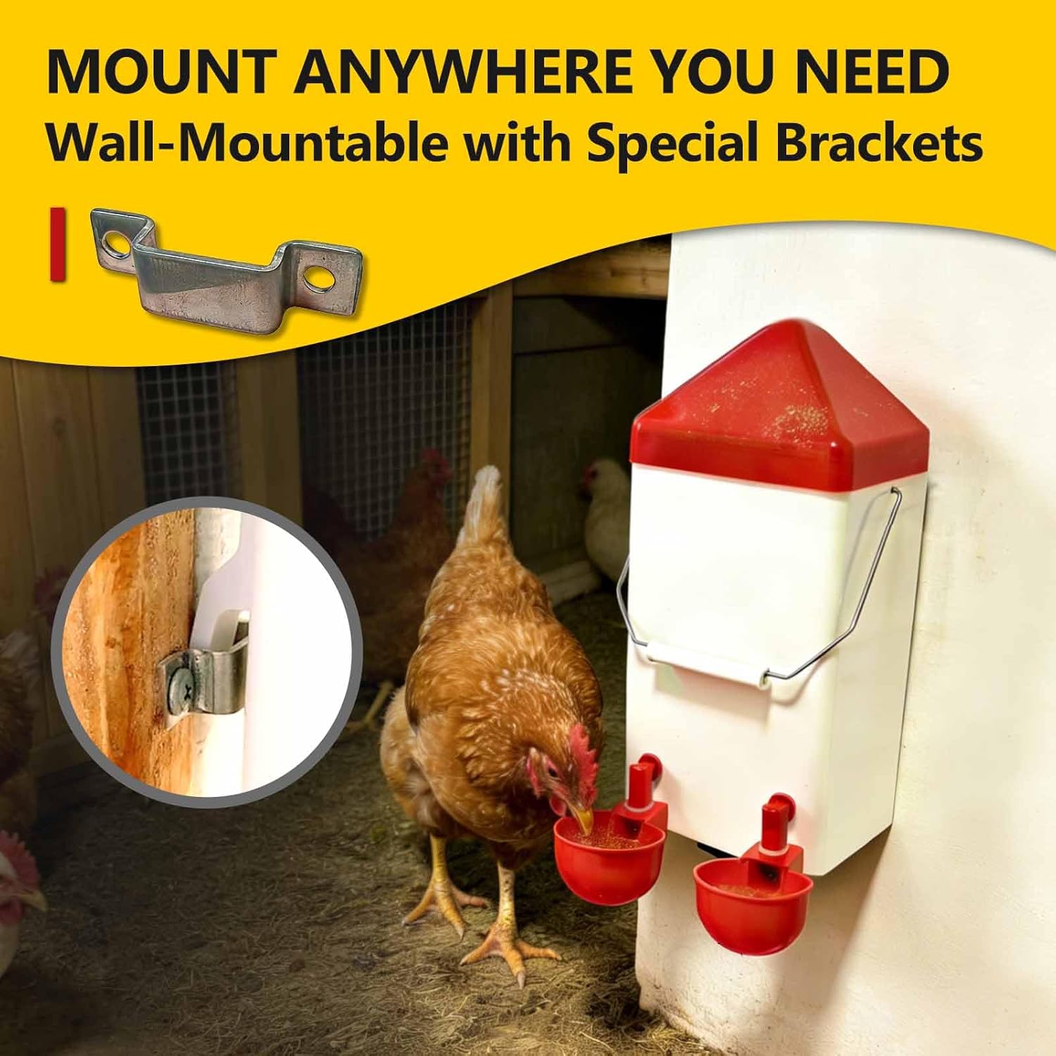 Hanging Chicken Waterer, 1 Gallon PVC Chicken Waterer with 2 Auto-Fill Cups & Horizontal Nipples, Hooks for 15mm×15mm+ Mesh, Suitable for Chicks, Chickens, Quail, Pigeons & Gamebirds