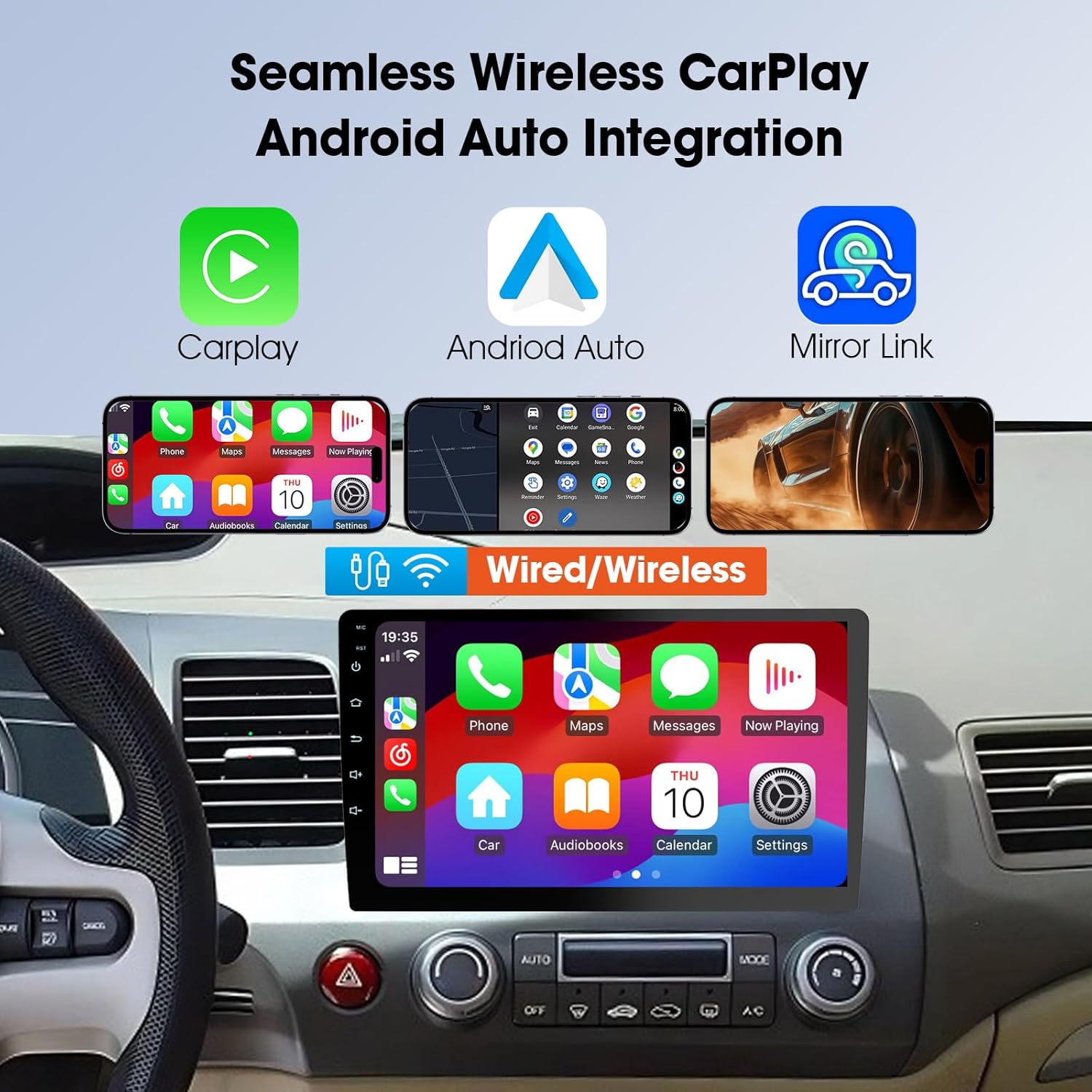 Haudio car stereo displaying Wireless CarPlay and Android Auto interfaces