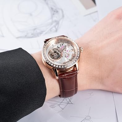 OBLVLO Skeleton Automatic Wristwatch with Leather Strap, Blue Dial, Diamonds Bezel