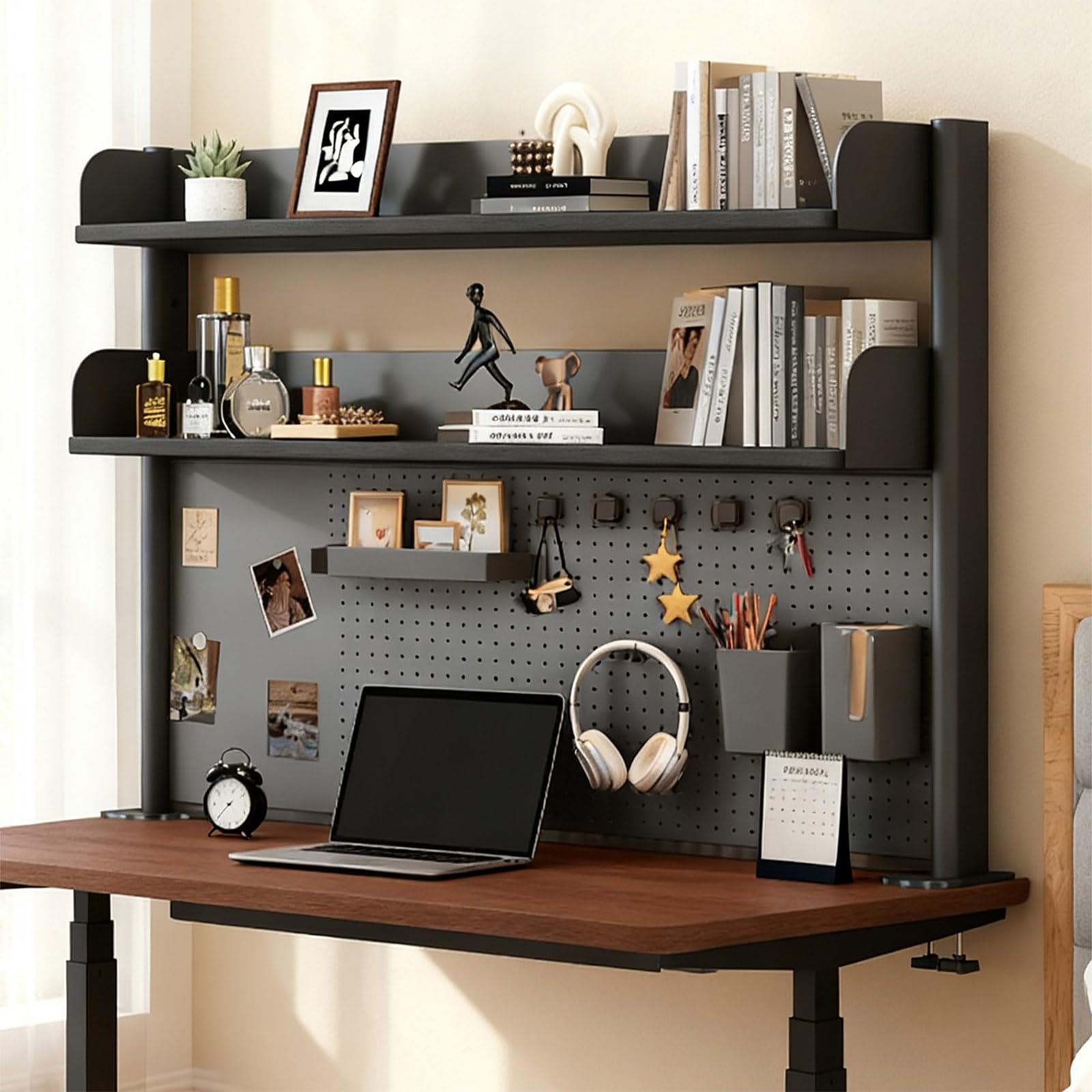Estante de escritorio con abrazadera con tablero de clavijas, Boohelf multiusos de metal negro para oficina en casa y dormitorio, escritorio para juegos de 23.6 pulgadas Sto Solut