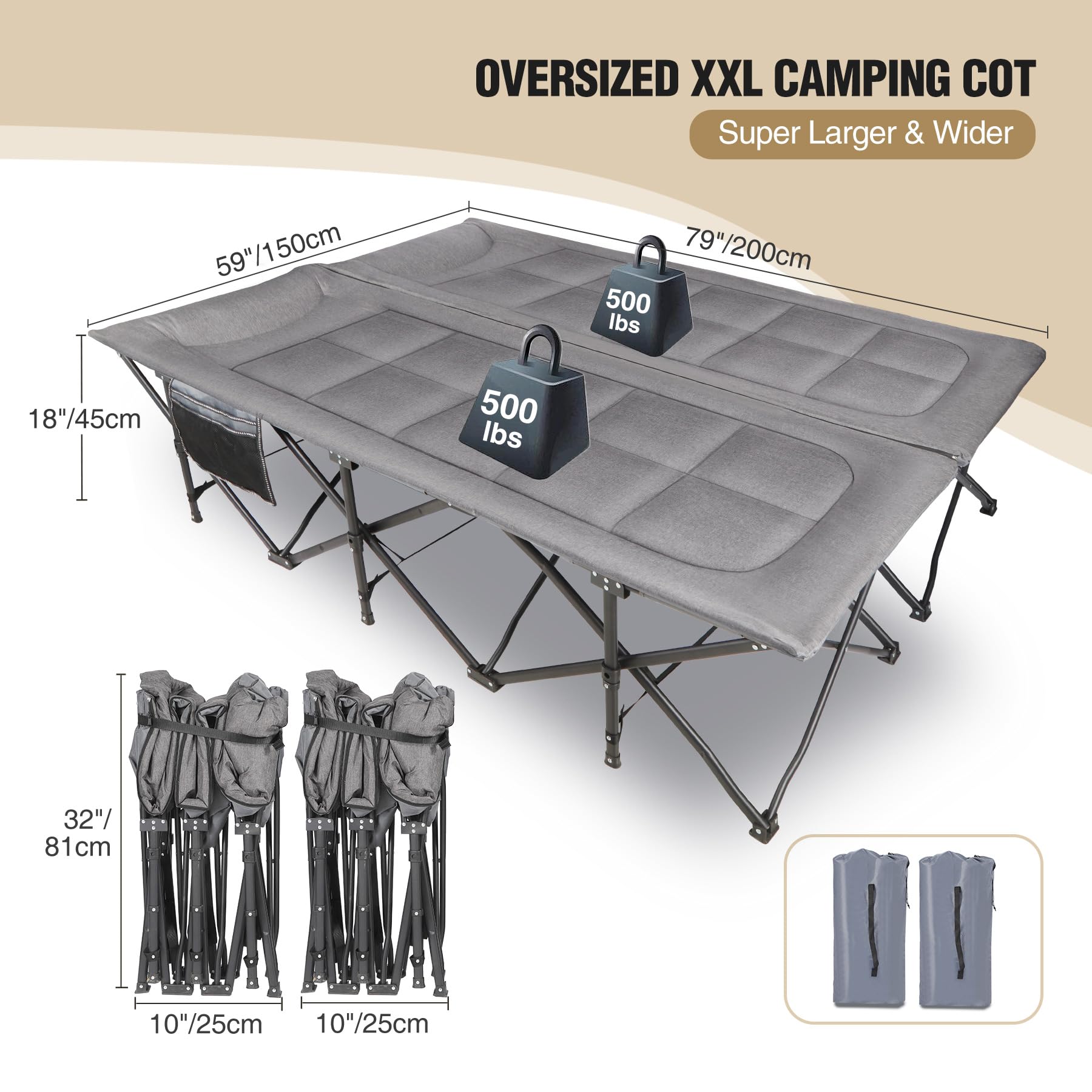 REDCAMP Campingbett 2 Personen mit Auflage, 200x150x45 cm Doppelfeldbett Klappbar 454kg Tragkraft, Faltbar Gästebett mit Matratze Topper für Indoor Outdoor Camping Wandern Reisen Strand Garten, Grau