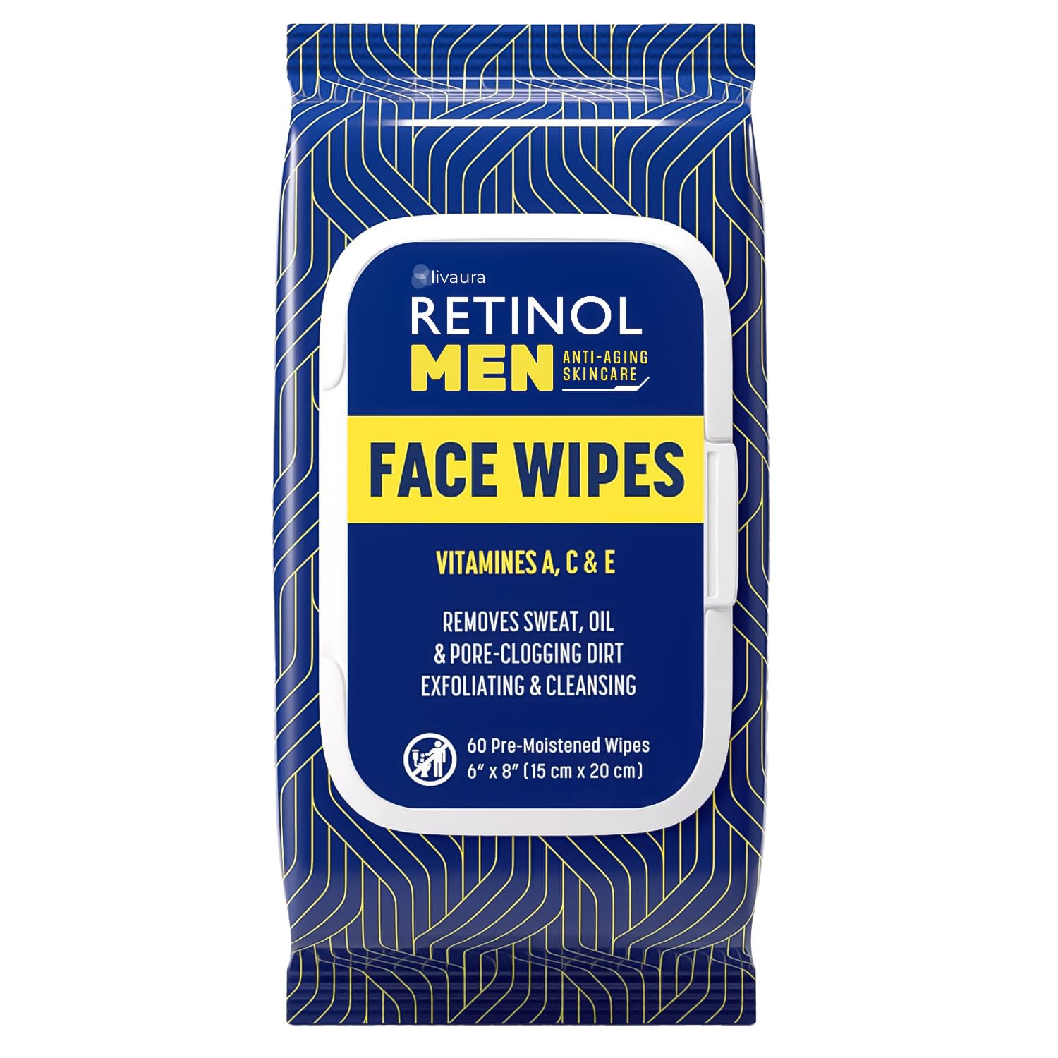 LIVAURA Retinol Men Facial Wipes Anti-Aging Cleansing Towelettes - Quickly cleanse face from sweat, oil and pore-clogging dirt without any heavy residue (60 Count (Pack of 1))