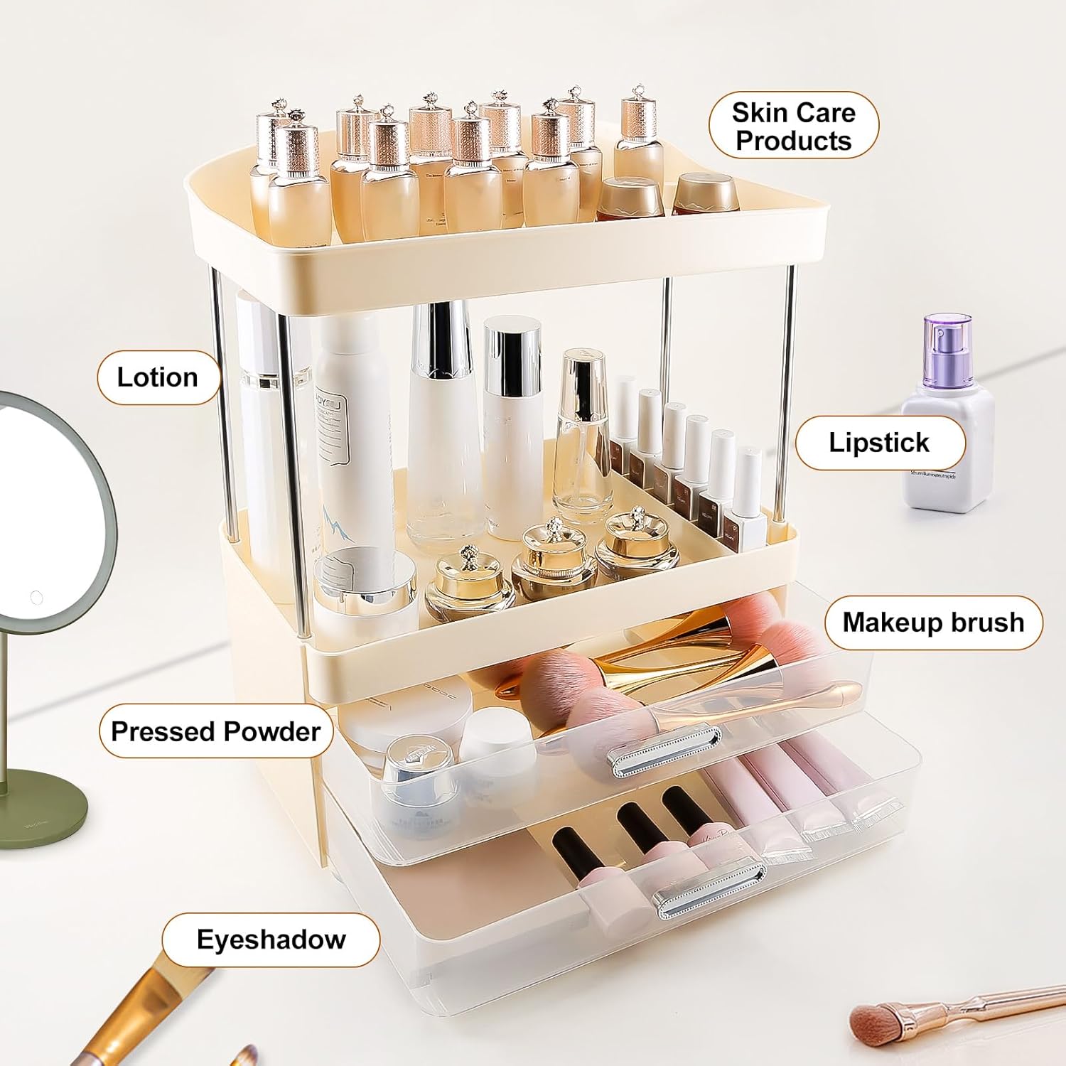 DASITON 4 Tiers Makeup Organizer, 2 Drawers Large Cosmetic Organizers for Vanity Bathroom Countertop, Bathroom Organizers and Storage for Skincare, Cosmetic, Perfume, Dresser Organizer (Cream+Clear)