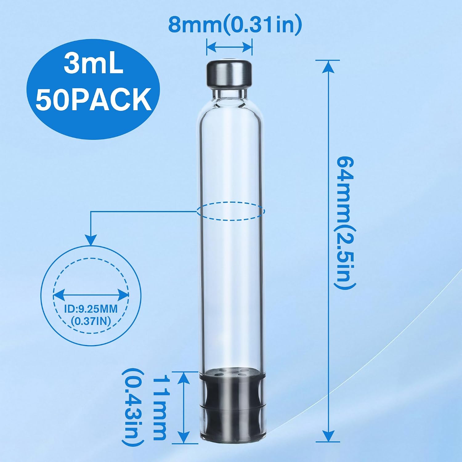 3ml Pen Cartridges for Peptide Pen and V1 V2 Pens, 50 Pack 3cc Empty Glass Cartridge with 11mm Long Stopper, Sterilized & Individually Wrapped