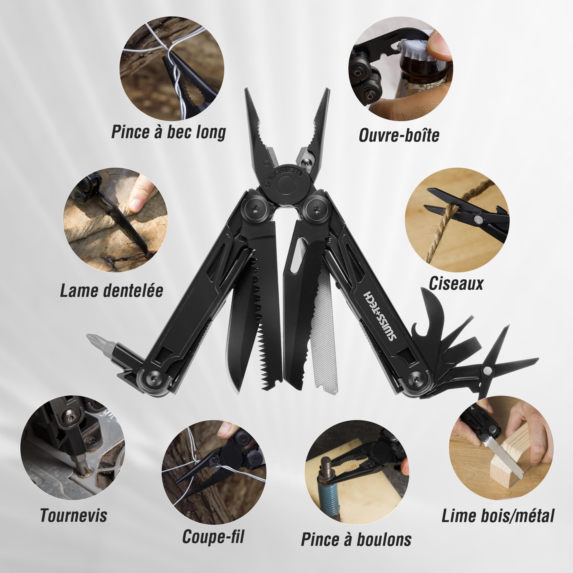 Swiss+Tech Pince Multifonction en Acier Inoxydable 16 en 1 avec Structure Autoverrouillée, Couteau Multifonction avec Scie, Tournevis, Règle, Lime, Ouvre-Boîte pour Camping, Randonnée (Noir)