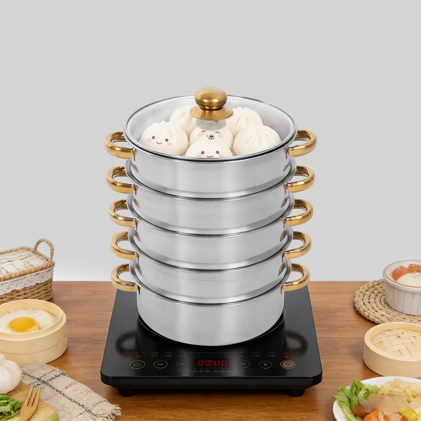 5-Ebenen Dampfgarer Topf Edelstahl mit Deckel 26 cm, 5L Rund, Freistehend
