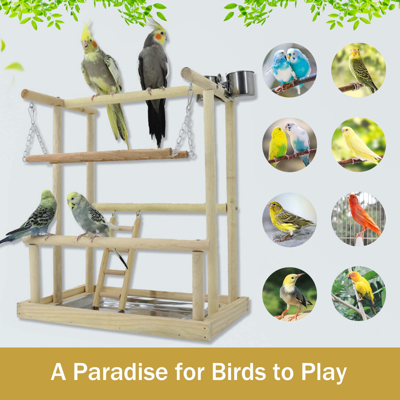 Roseflower Perchoir en Bois pour perroquets,Terrain de Jeu pour Perroquet Échelles, Plateau et mangeoires - Accessoire de Cage pour cacatoès - Aire de Jeu pour Oiseaux,D:45.5 * 40 * 26CM