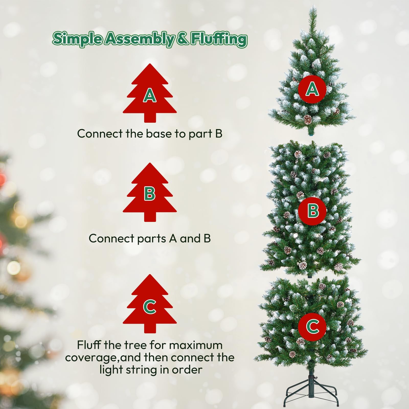 Árbol de Navidad artificial estrecho de 230 cm con iluminación, árbol de Navidad preiluminado, lápiz artificial con conos, agujas y blanco cálido, 350 LED, aprox. 1000 puntas