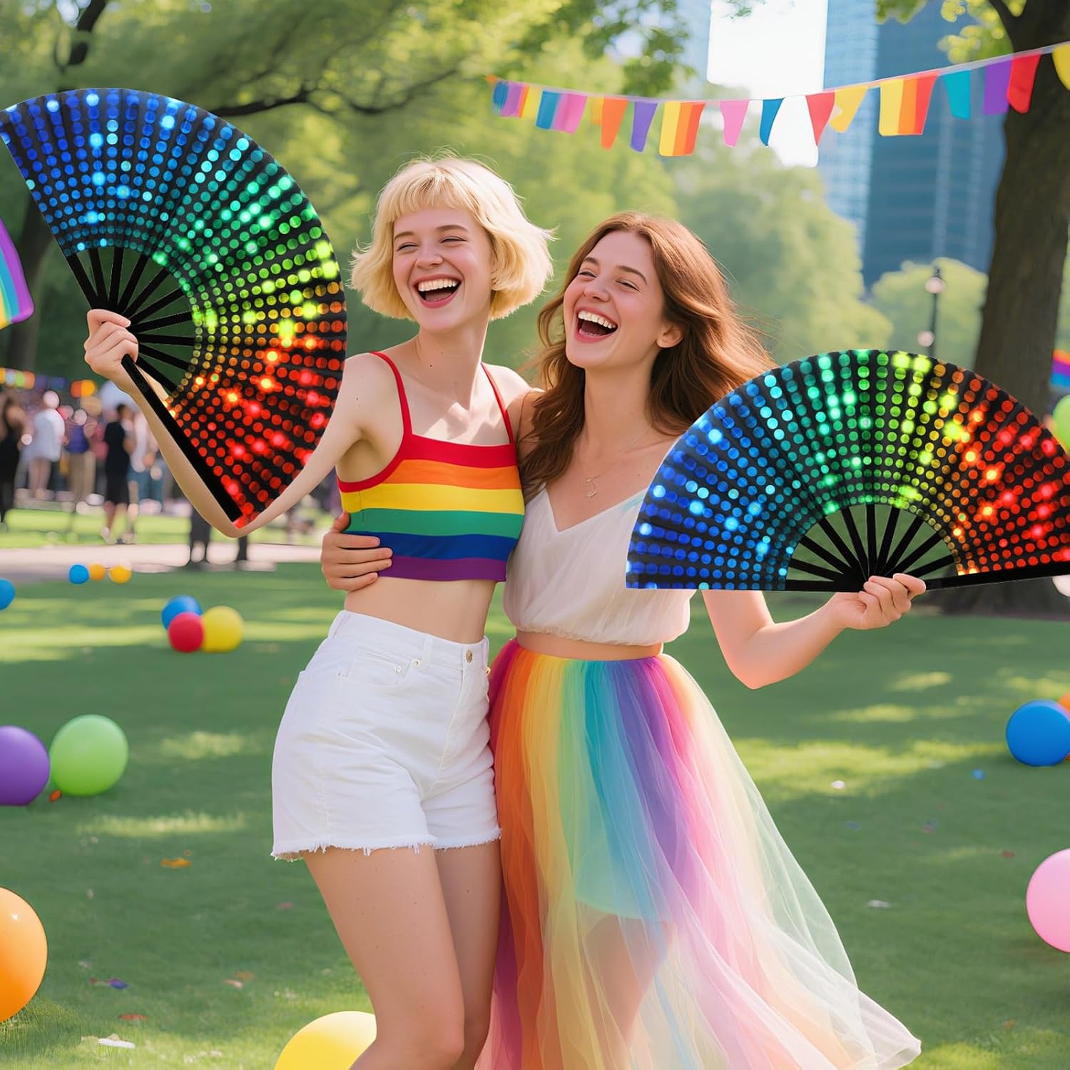 2 Pcs Big Rainbow Hand Fan Large Pride Fans Glitter Folding | Colorful Rave Handheld Fans, for Women Men Pride Month Parade Cosplay Costume Chinese Festival Party Dance Decorations