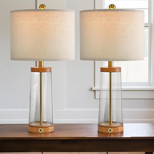 Miniatura 4 de USumkky Juego de 2 lámparas de mesa de 24 pulgadas con control táctil regulable de 3 vías USB A+C, lámpara de mesa moderna de cristal, lámpara de