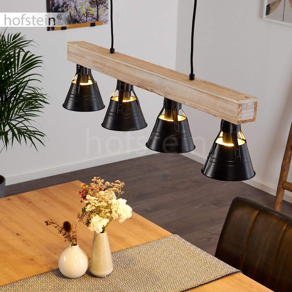 HOFSTEIN Pendelleuchte Betsele 4-flammig – Metall/Holz, Schwarz/natur, Höhenverstellbar, E27