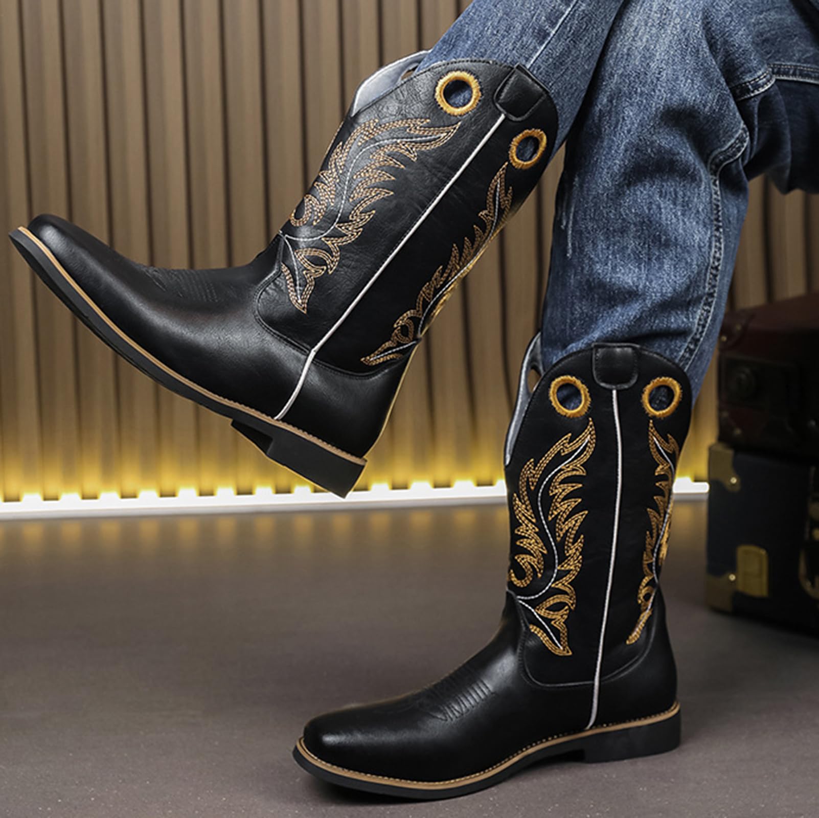 Stivali da Cowboy Uomo Stivali Western Ricamati Retro | Stivali da Equitazione Pelle Sintetica Punta Tonda Comodi Suola in Gomma Antiscivolo Stivali Country Casual Moda