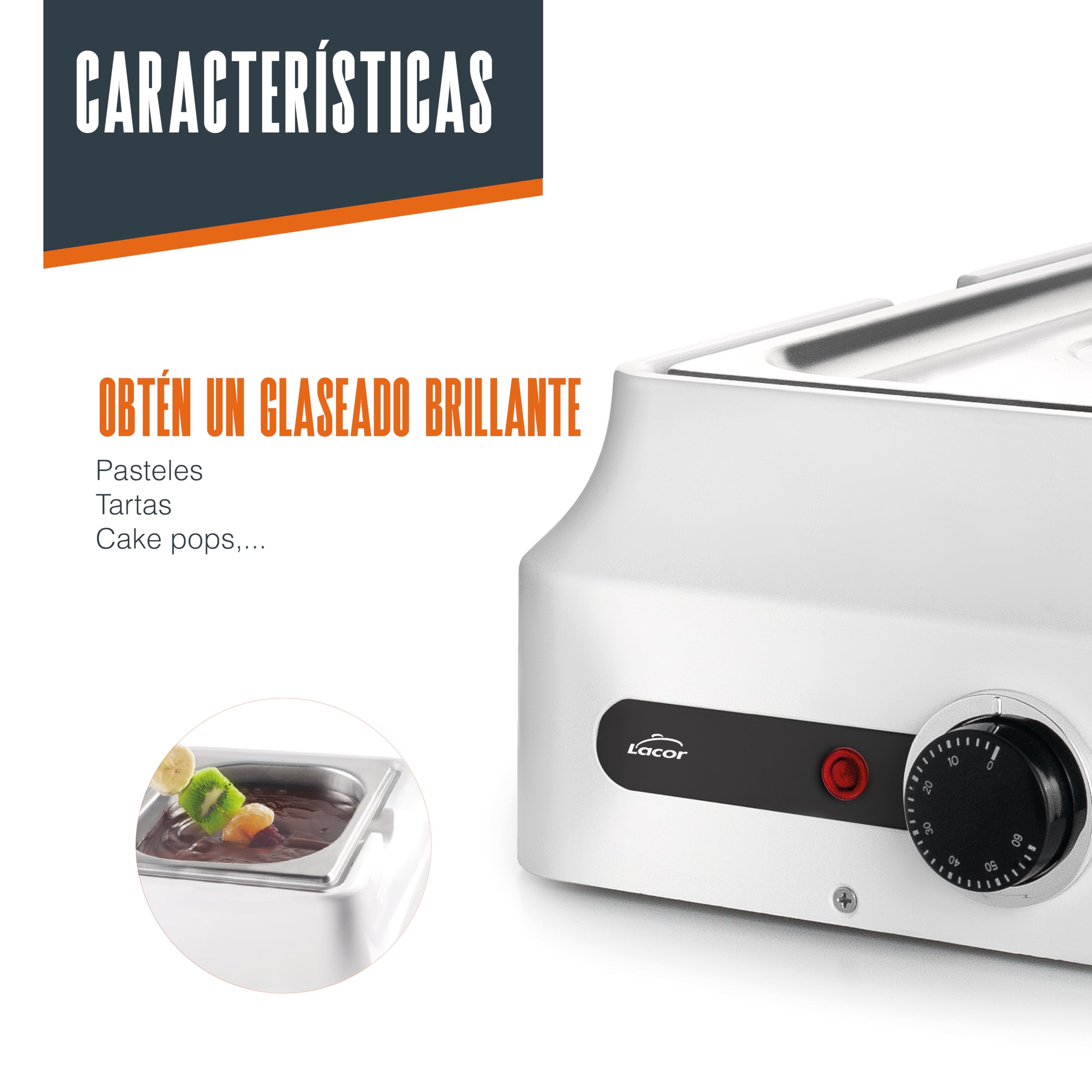 Lacor - 69618 - Baño María Chocolate, White, 3,8 L, Acero Inoxidable 18/10, 80W, Termostato Regulable 0-60ºC, Fundidor y Atemperador de Chocolate Profesional, Calentamiento 3D