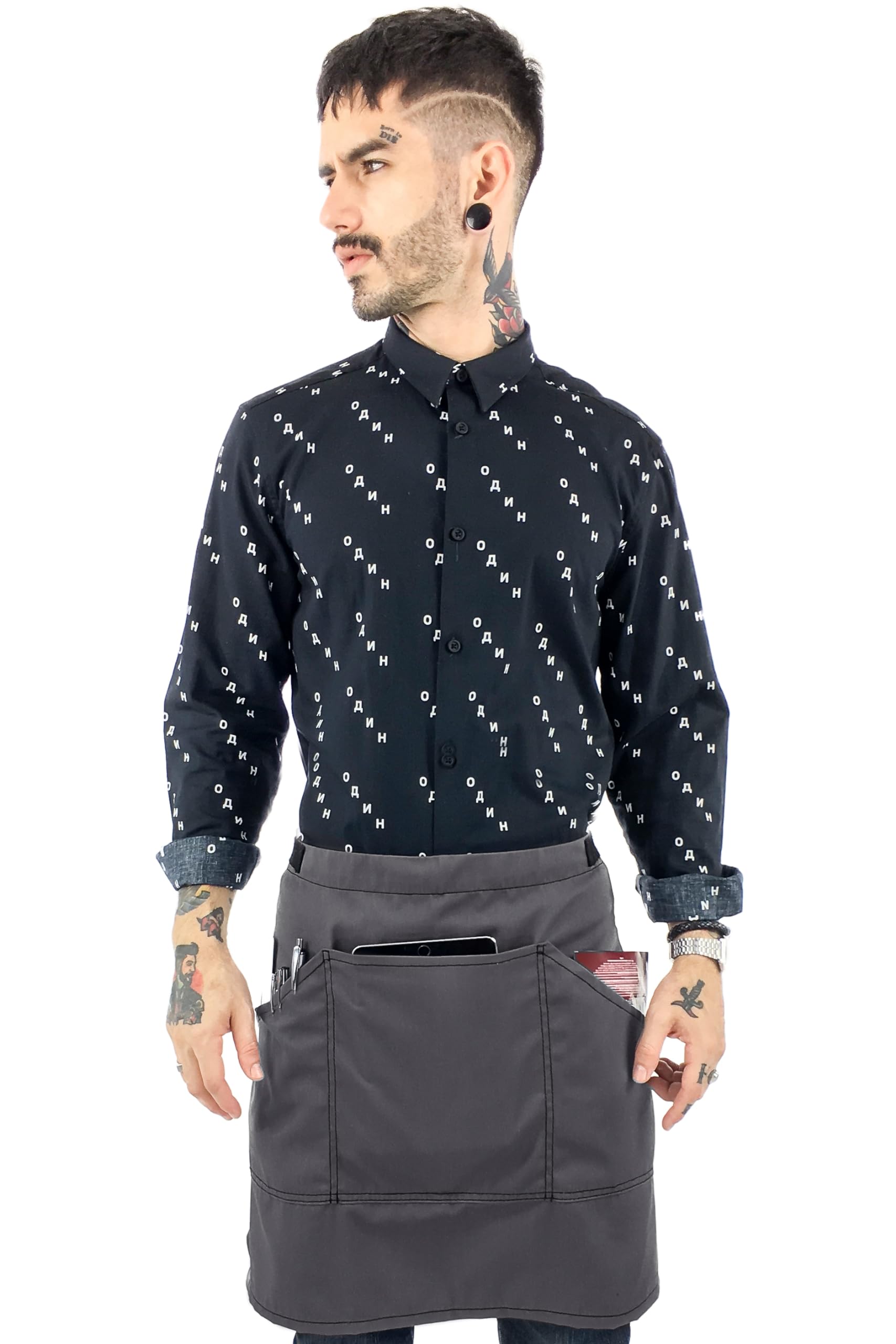 Under NY Sky Half Armor Gray Apron with Durable Twill – Bistro Apron, Waist Apron adjustable for Men and Women – Professional Barista, Bartender, Mixologist, Florist, Server Aprons