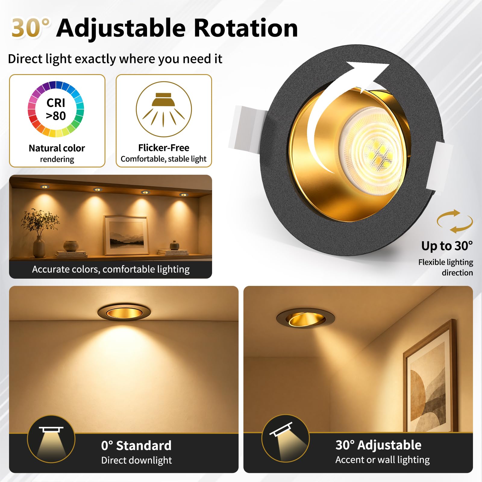 YindaLux 6X Faretti LED da Incasso 230V Dimmerabili, 5W 550LM 3000K/4000K/6500K, Faretti da Soffitto Orientabili IP44, Riflettore Profondo, Modulo LED Rimovibile, 38°/120°, Foro Ø75-80mm, Nero Oro