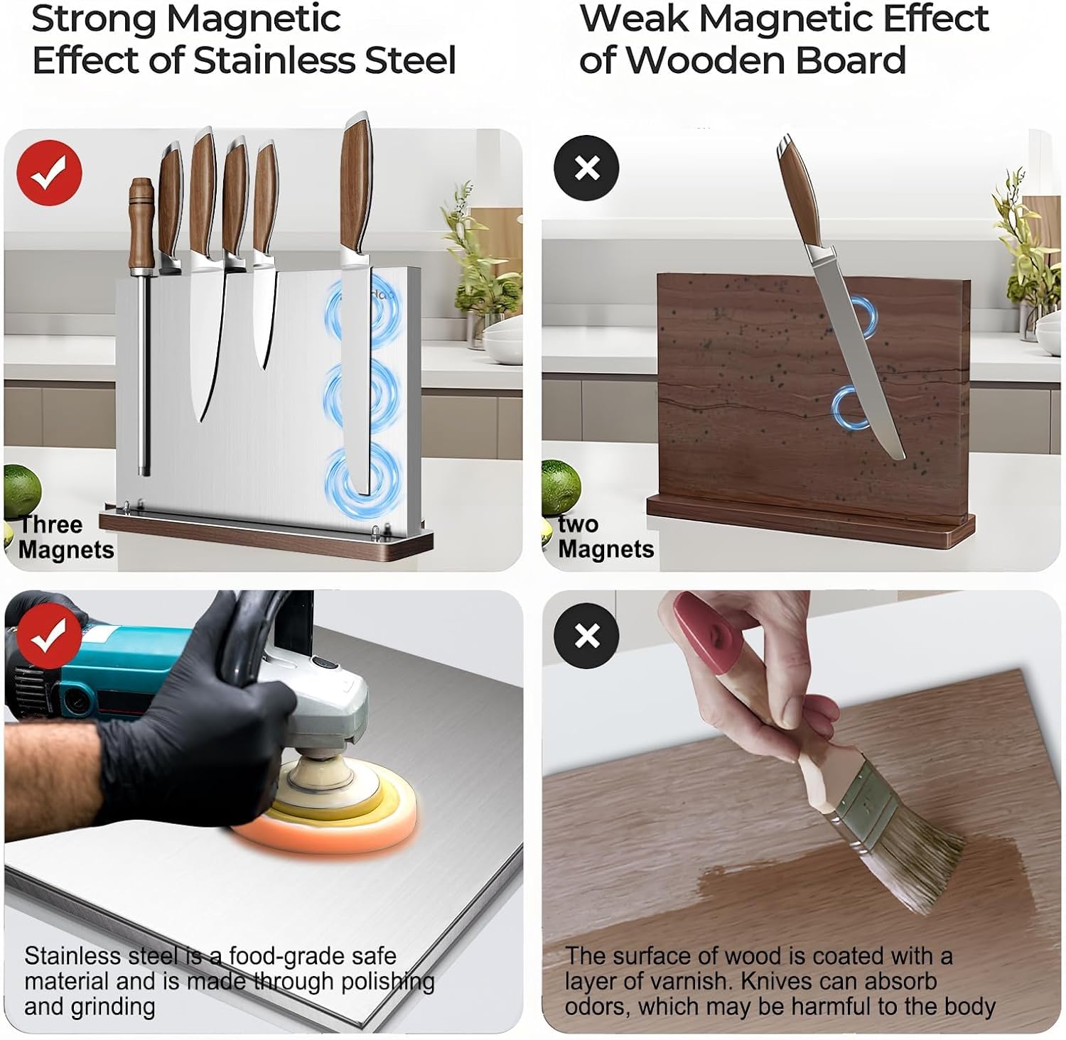 Magnetic Knife Holder Stand,Stainless Steel Magnetic Knife Block Without Knives,Power Magnetic Knife Rack Strip,Double Sided Magnet Knife Storage Organizer