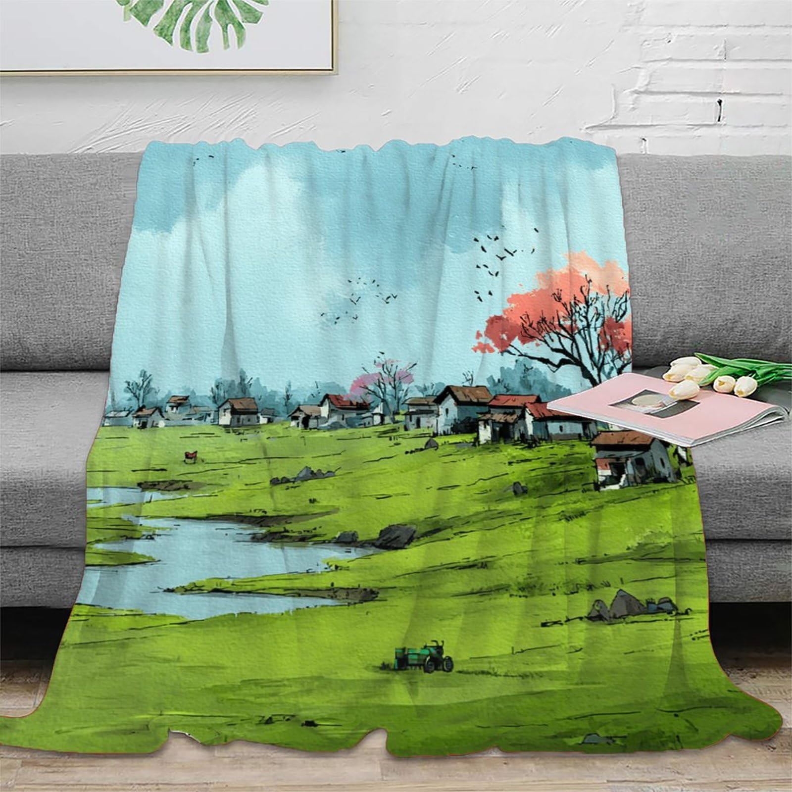 Couverture moelleuse microfibre 3D avec paysage de campagne plaid lit doux chaud 150x200cm