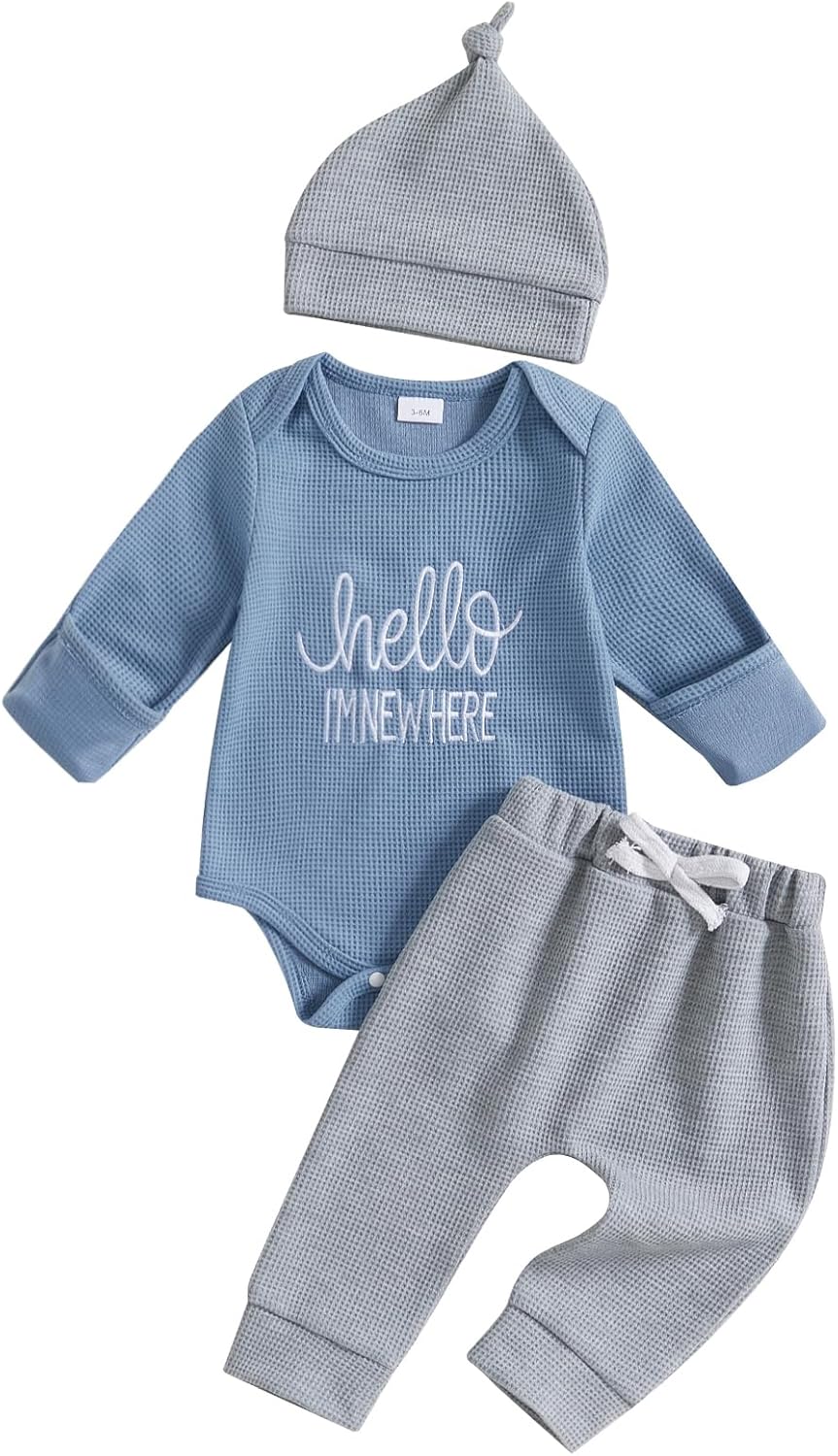 BeQeuewll Newborn Boy Clothes Fall Winter Knit Outfits Little Brother Romper +Pants+Hats 3Pcs Baby Boy Coming Home Outfit