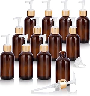 JUVITUS 4 oz Amber Glass Boston Round Bottle with Gold Lotion Pump (12 Pack) + Funnel