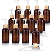 JUVITUS 4 oz Amber Glass Boston Round Bottle with Gold Lotion Pump 12 Pack + Funnel