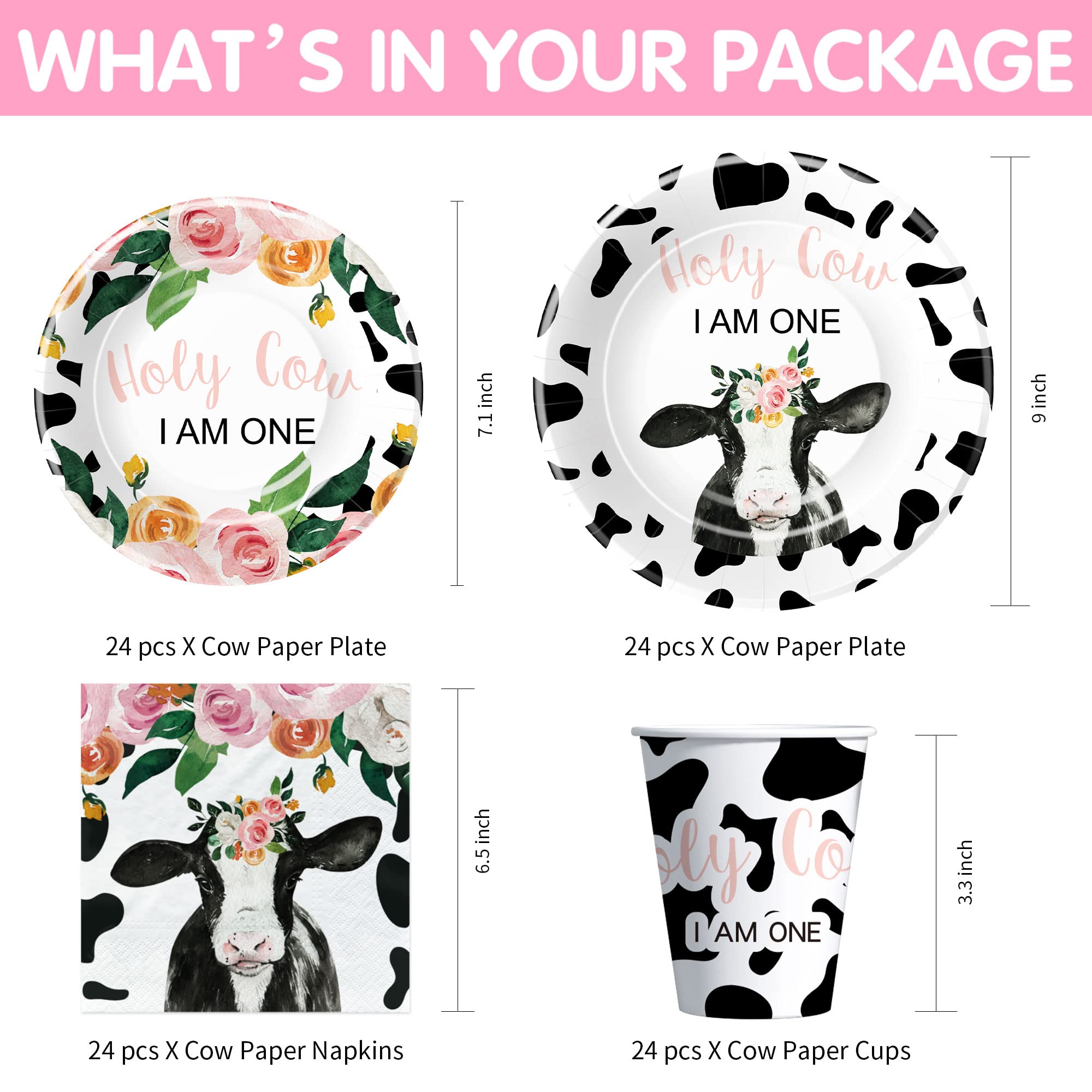 APOWBLS Holy Cow I'm One Birthday Decorations Girl Tableware, Cow Print First Birthday Party Supplies, Paper Plate, Cup, Napkin, Tablecloth, Disposable Cutlery, Straw | Serves 24
