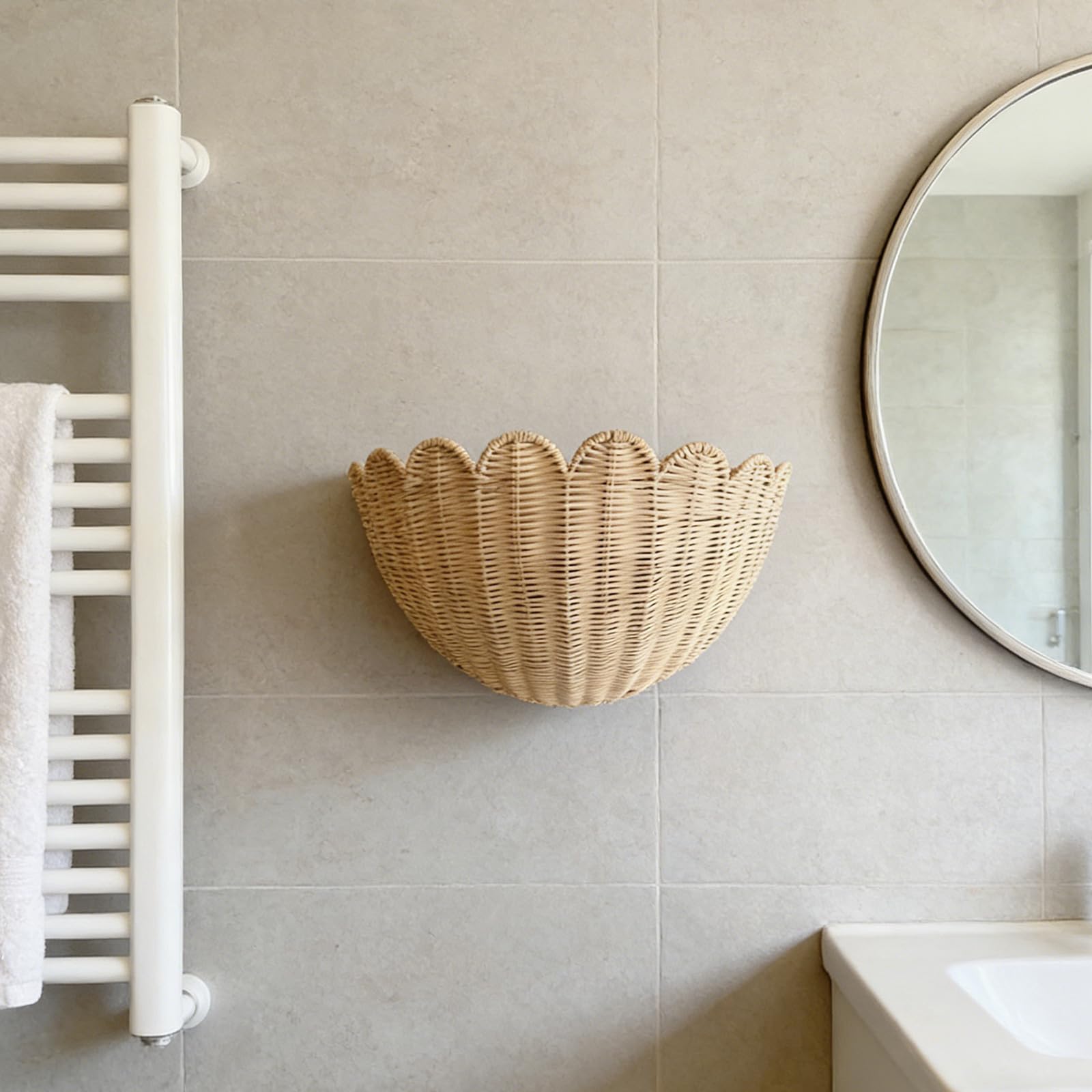 Cesta de mimbre para pared, almacenamiento festoneado rústico para frutas, verduras, plantas, artículos de tocador, decoración ideal para cocina, baño, sala de estar, guardería, 14 x 6 x 8 pulgadas