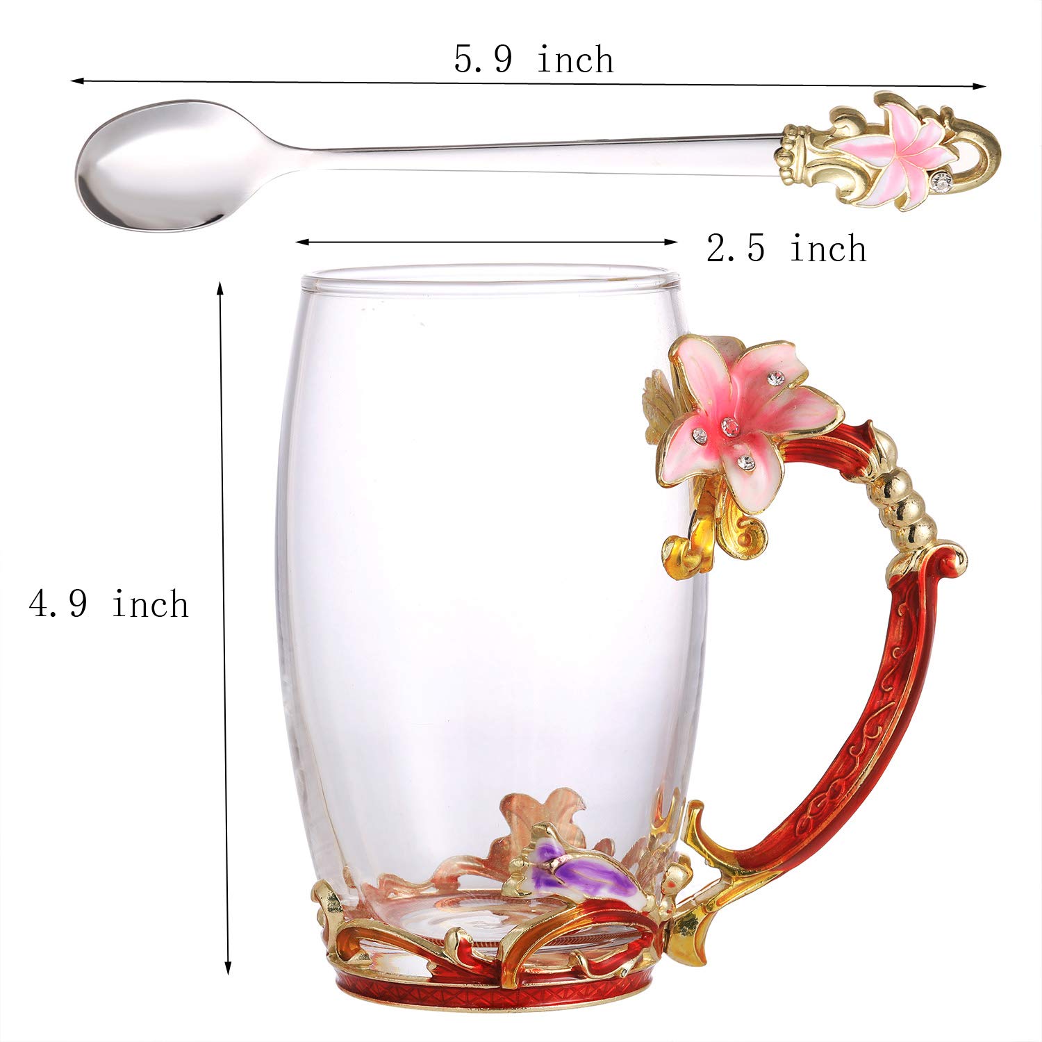 WeddPtyFr 350ML Pink Lily Floral Tall Glass Teacup Mug, 12 oz, Set of 1 with Spoon, Coaster, Gift Box