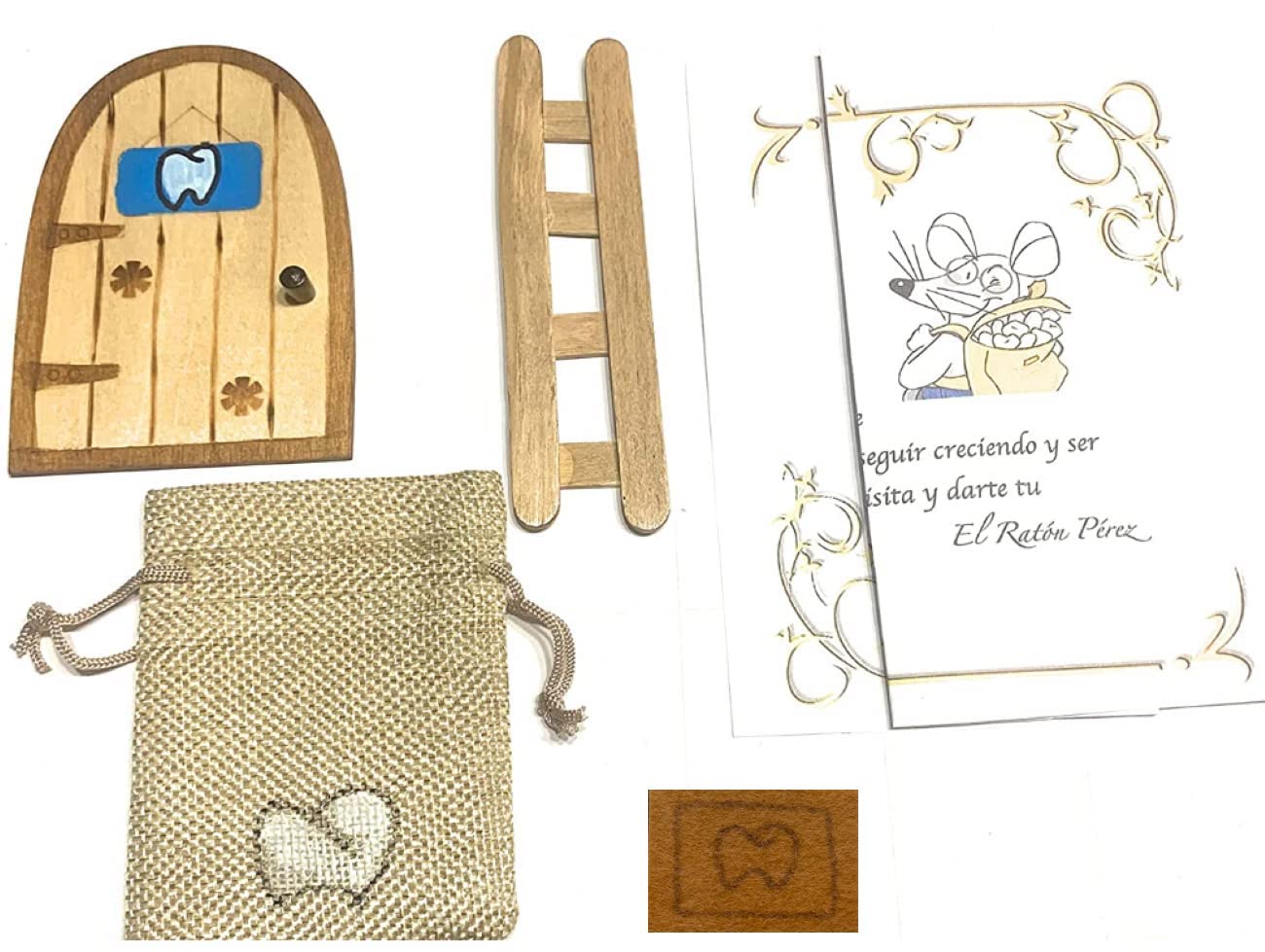 ABUBU Puerta Ratoncito Pérez mágica con Caja para Dientes de leche en Español, Carta, Escalera, Bolsita, Regalo original niño niña Ratón Pérez. Hecho a mano en España. Recuerdo Infancia