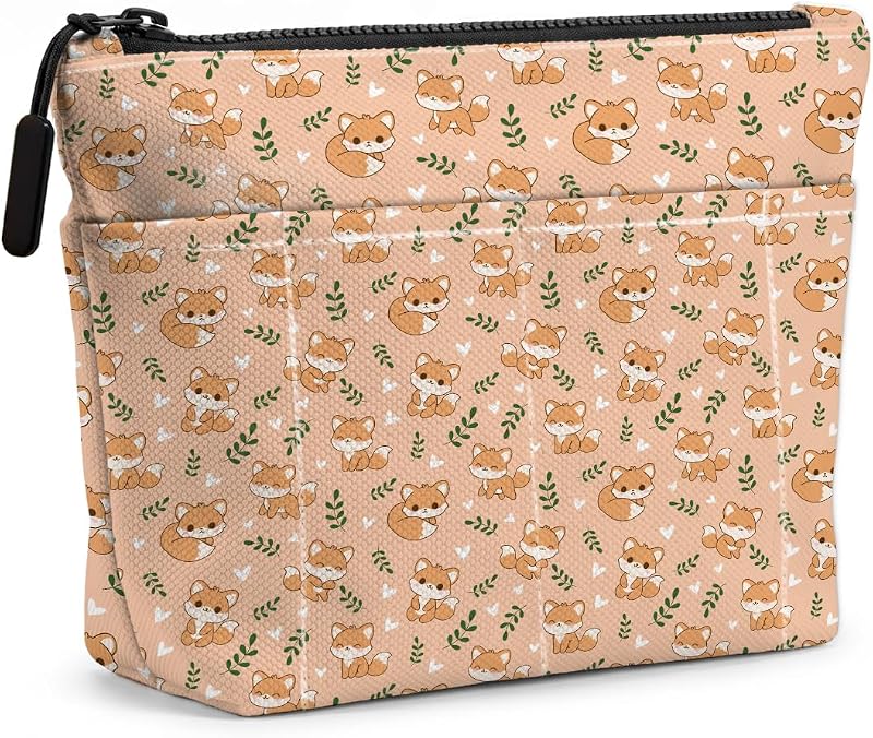 Necessaire de maquiagem com estampa de raposa Cartoon Fox 1453, bolsos externos e zíper, 20,07 x 19,05 x 5,84 cm