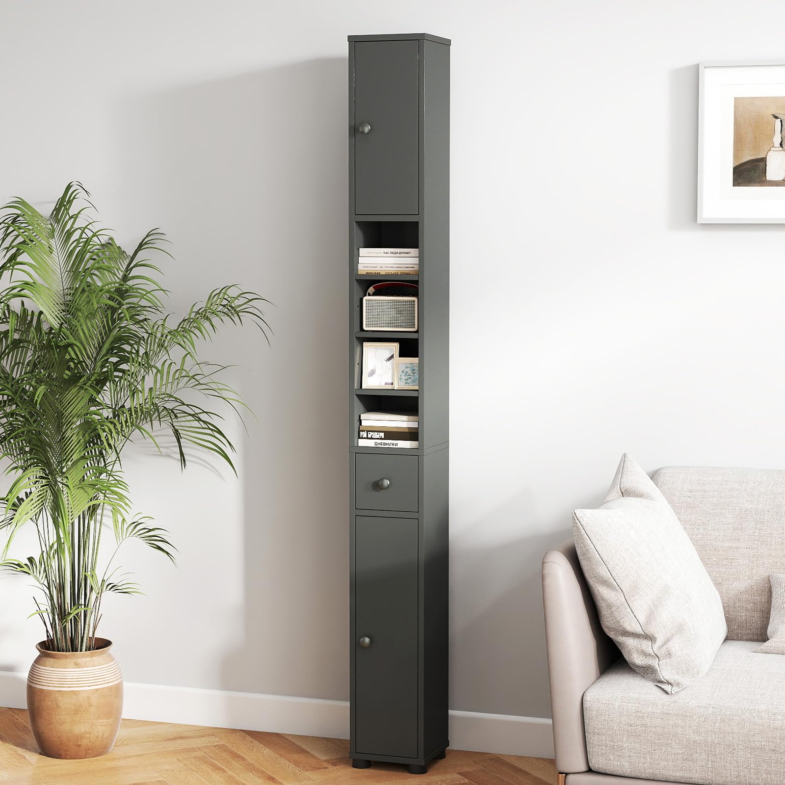 COSTWAY Mobile Bagno Alto Stretto, Mobiletto Colonna Salvaspazio con 1 Cassetto, 5 Ripiani Regolabili e Struttura Antiscivolo, Mobile a Terra per Ingresso, 20 x 20 x 180 cm (4 Ripiani, Grigio)