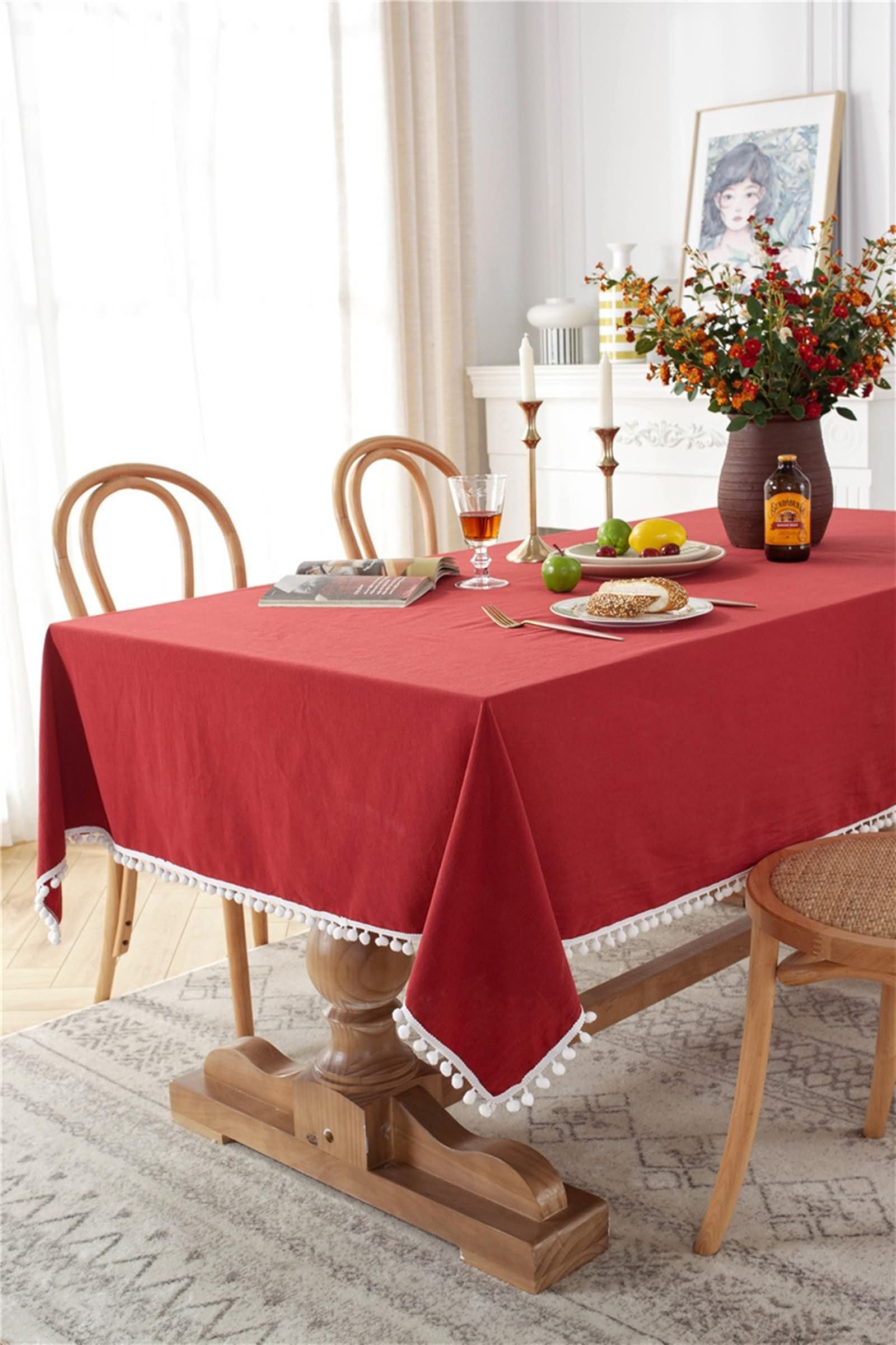 Mantel Antimanchas y Lavable Rectangular Rojo Mesa, Color Sólido con Pompones, de Algodón Lavable, 140 x 250 cm, Mantel para Comedor y Cocina