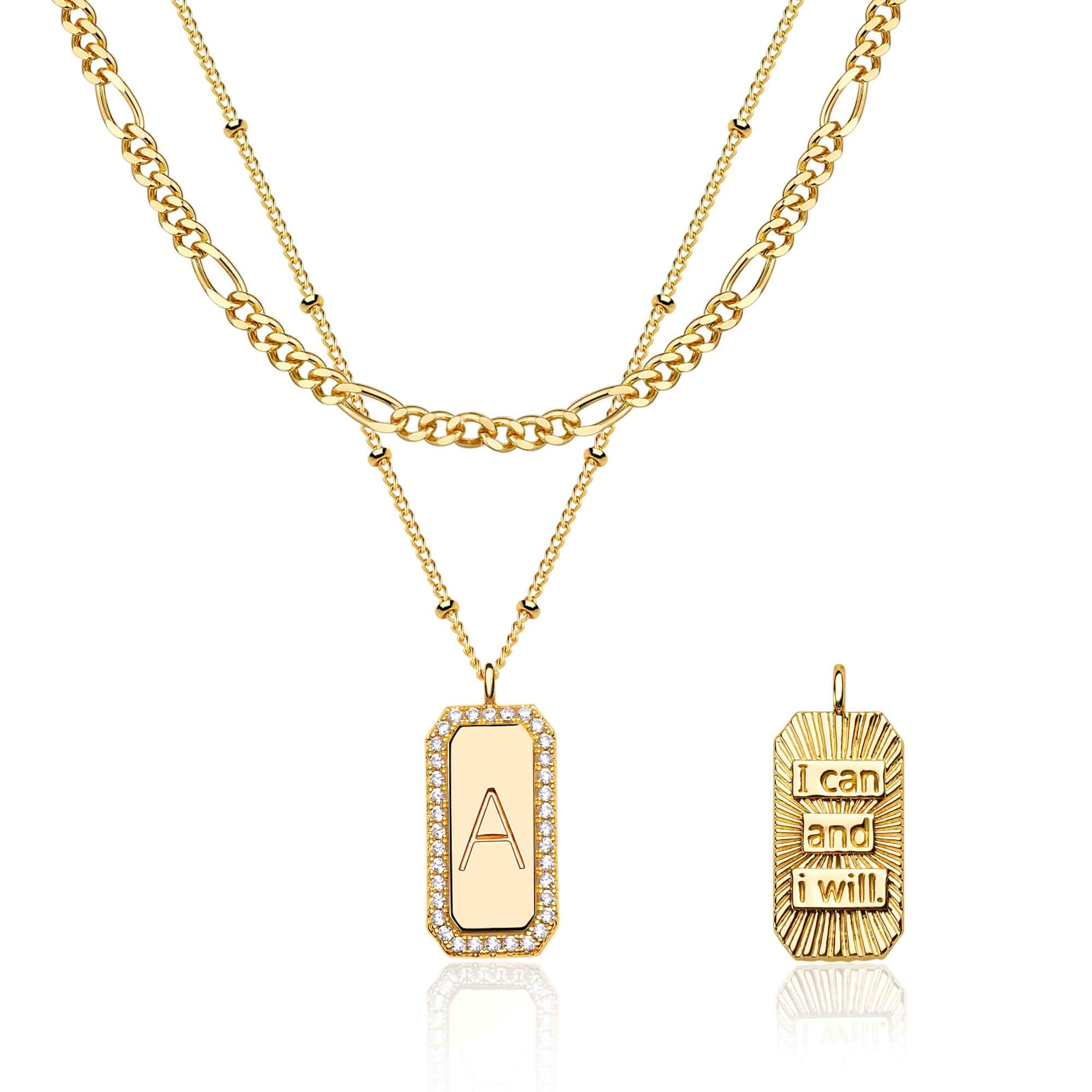 Fettero Gold Layered Initial Necklace for Women 14K Gold Plated Letter Necklace Dainty Gold Name Necklace Chain Choker Personalized Initial Tag Pendant Necklace for Women Trendy Gold Jewelry Gift