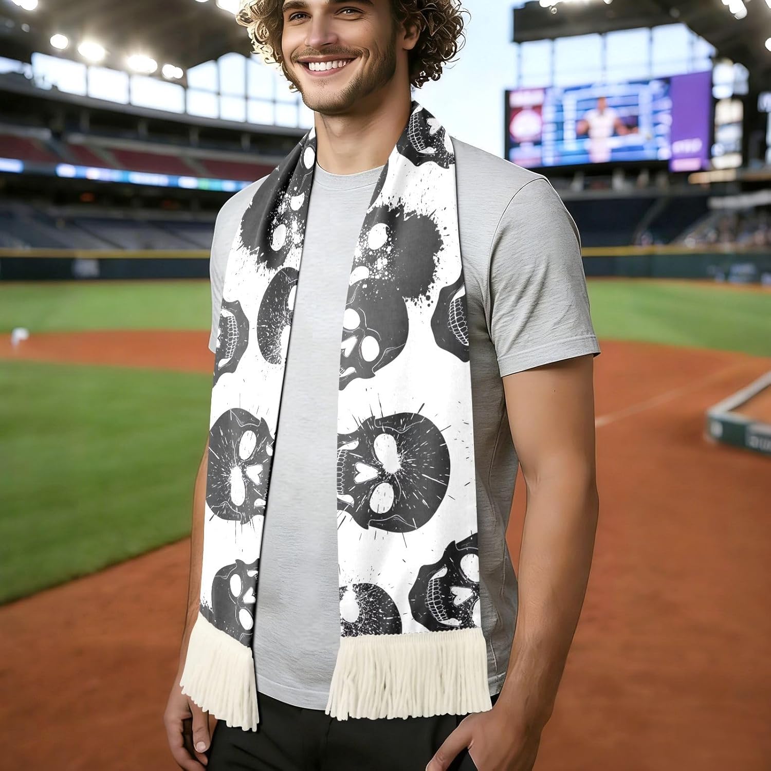 CHIFIGNO Black Skull White Soft Absorbent Scarf for Sports Fans, for Wiping Sweat at Games and Showing Support