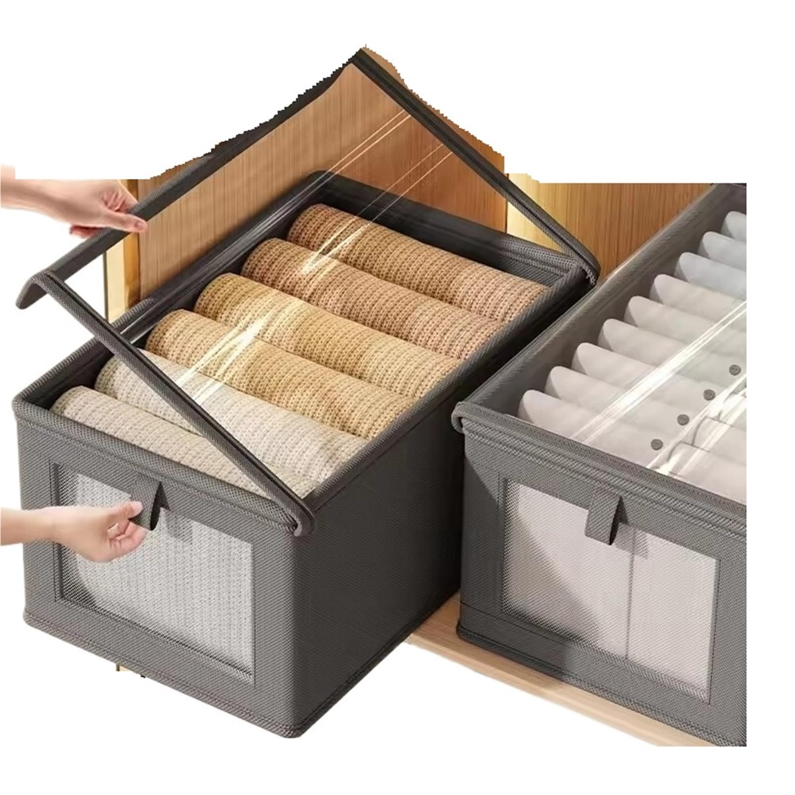 Boîte de rangement pliable pour vêtements en toile grise avec couvercle amovible M