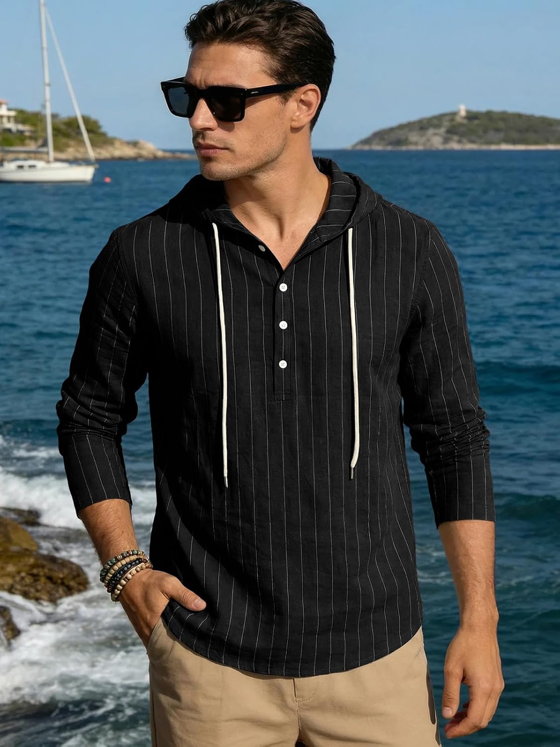 Mens Cotton Linen Hoodies Long Sleeve Button Down Shirts Casual Hawaiian Beach Yoga Sweatshirts